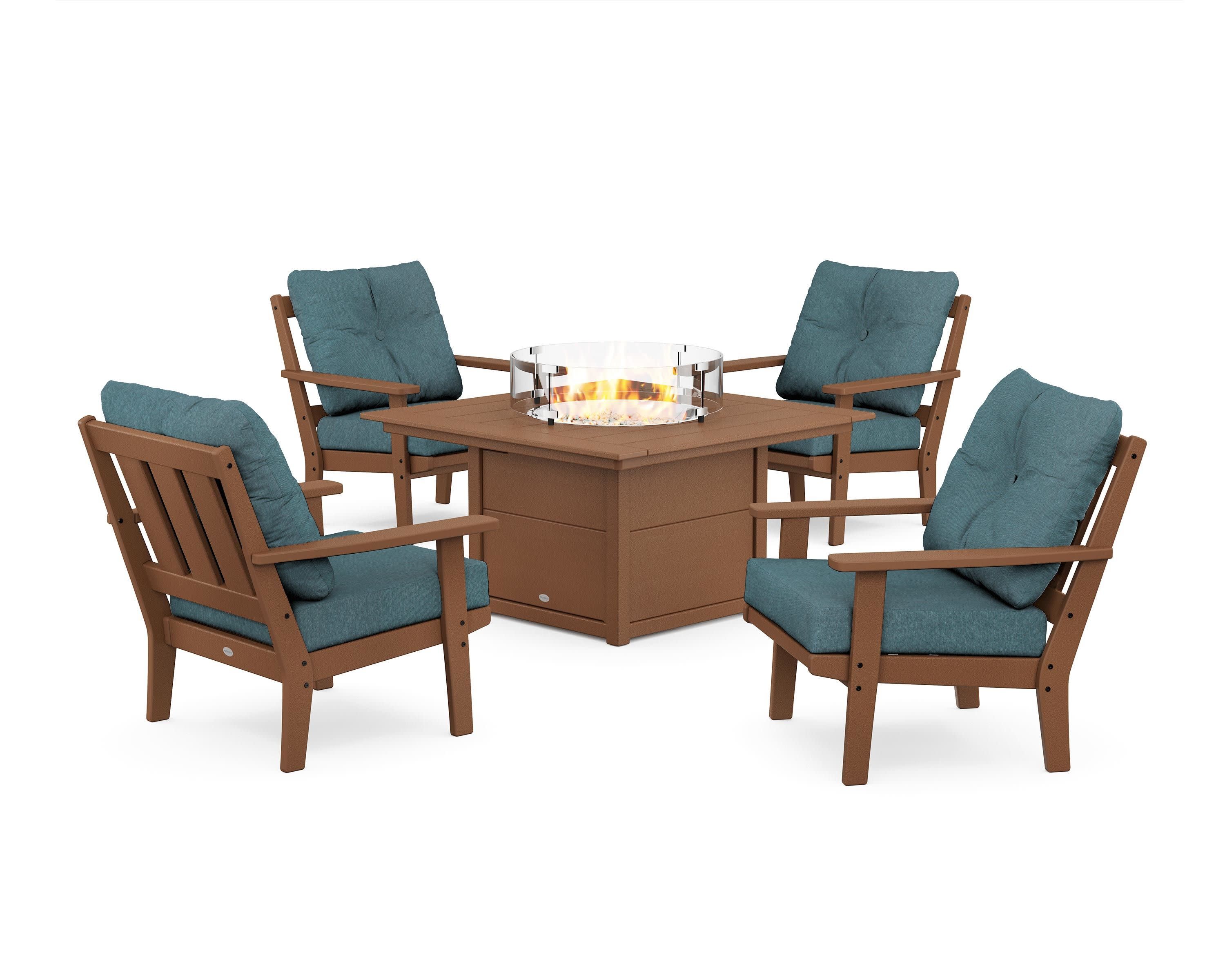 Oxford 5-Piece Deep Seating Set with Fire Pit Table in Teak / Ocean Teal