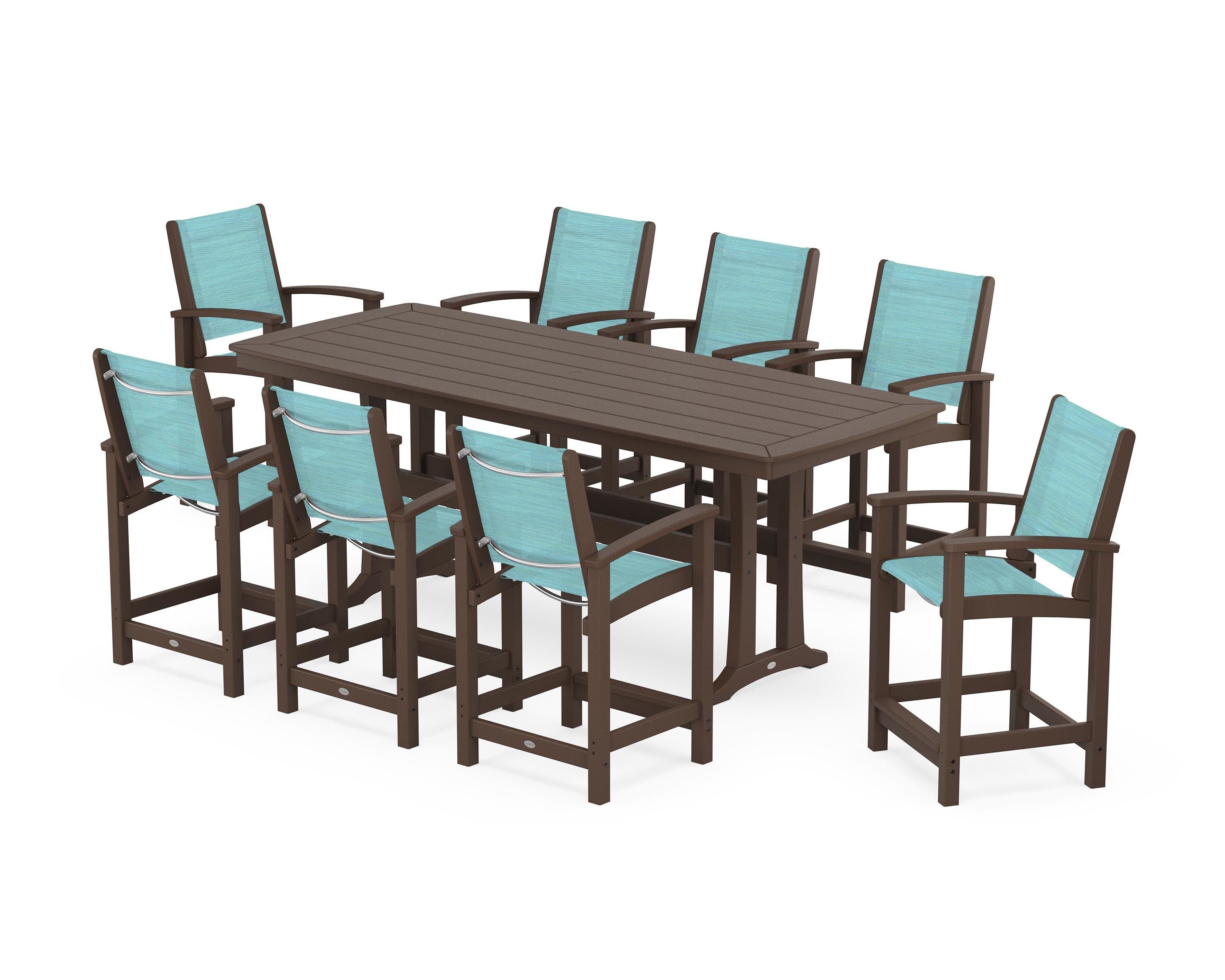 Coastal 9-Piece Counter Set with Trestle Legs in Mahogany / Dupioni Aquamarine Sling