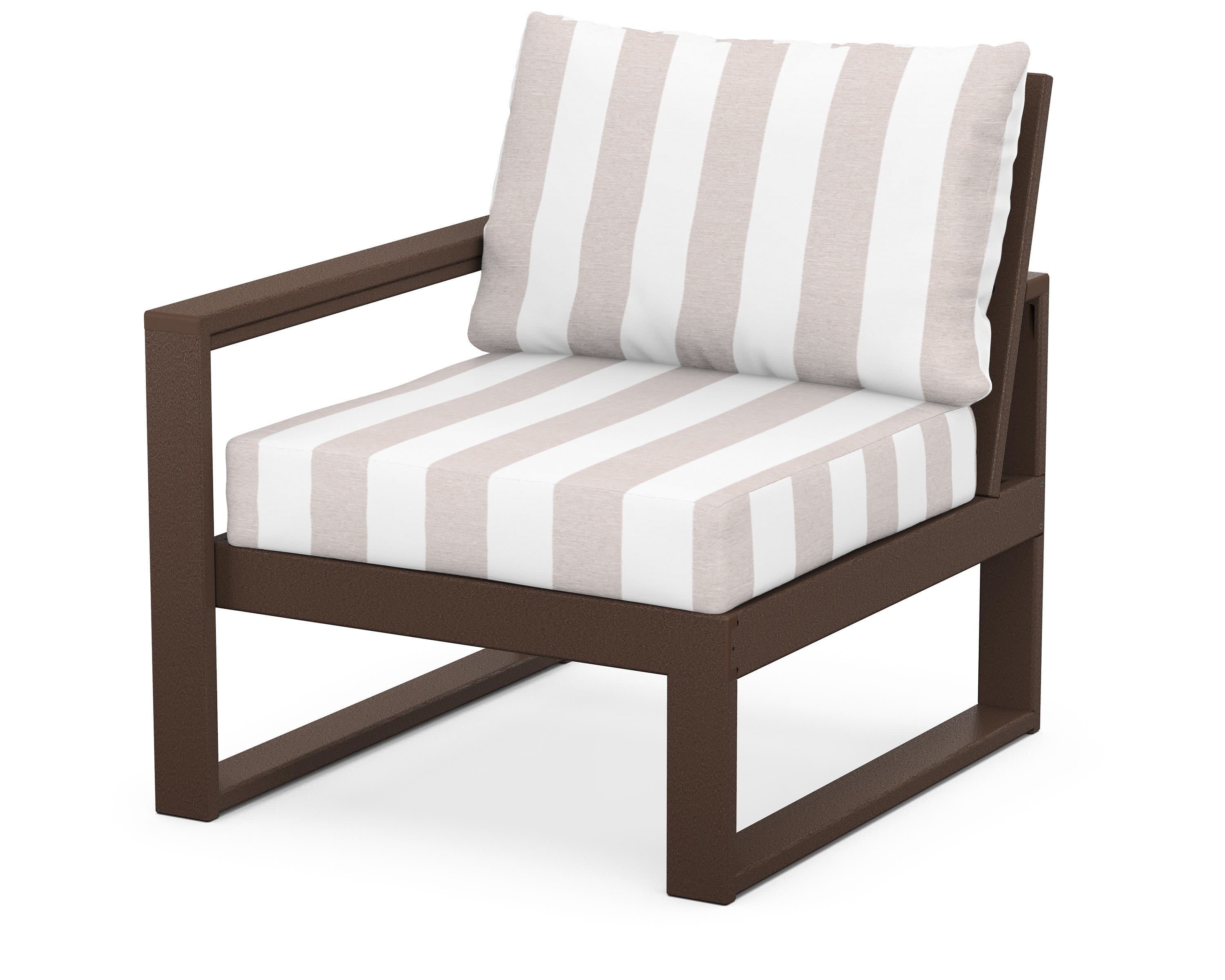 EDGE Modular Left Arm Chair in Mahogany / Cabana Stripe Dune Burlap
