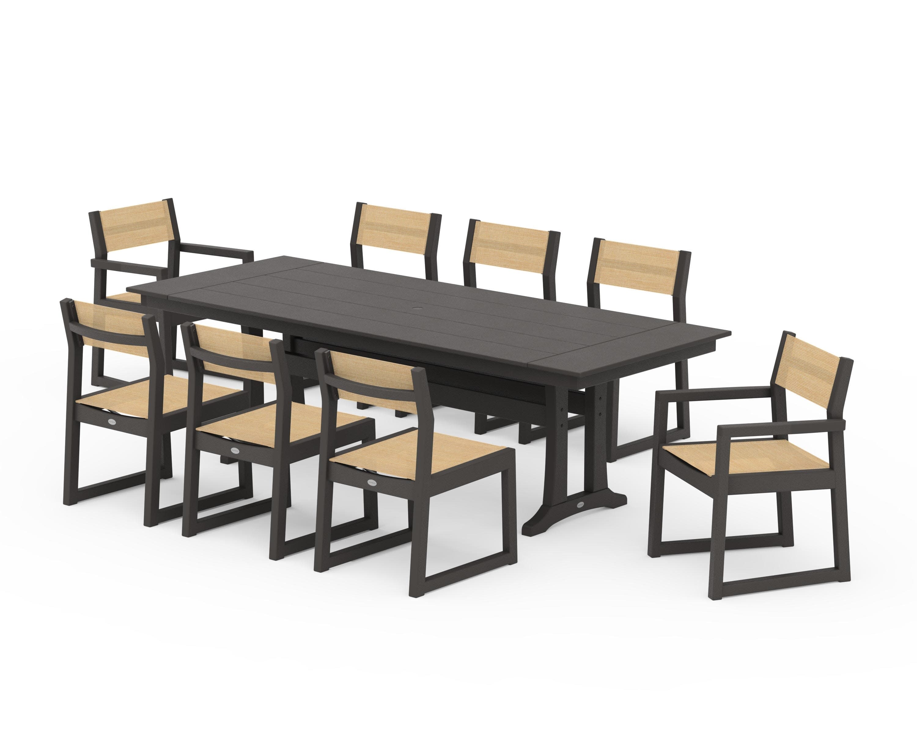 EDGE Sling 9-Piece Farmhouse Trestle Dining Set in Vintage Coffee / Dupioni Apricot Sling