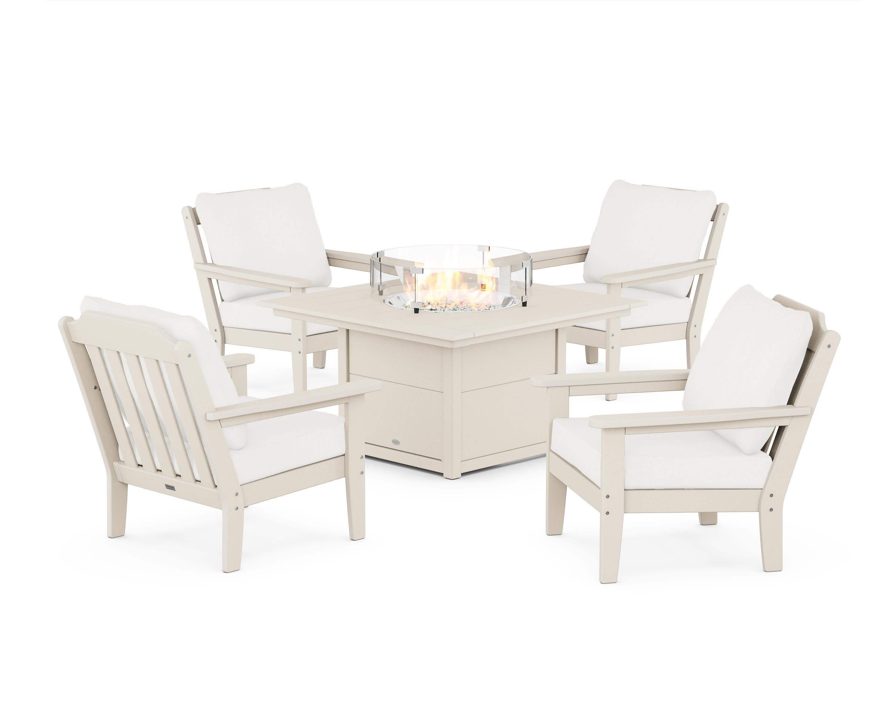 Cottage 5-Piece Deep Seating Set with Fire Pit Table in Sand / Natural Linen
