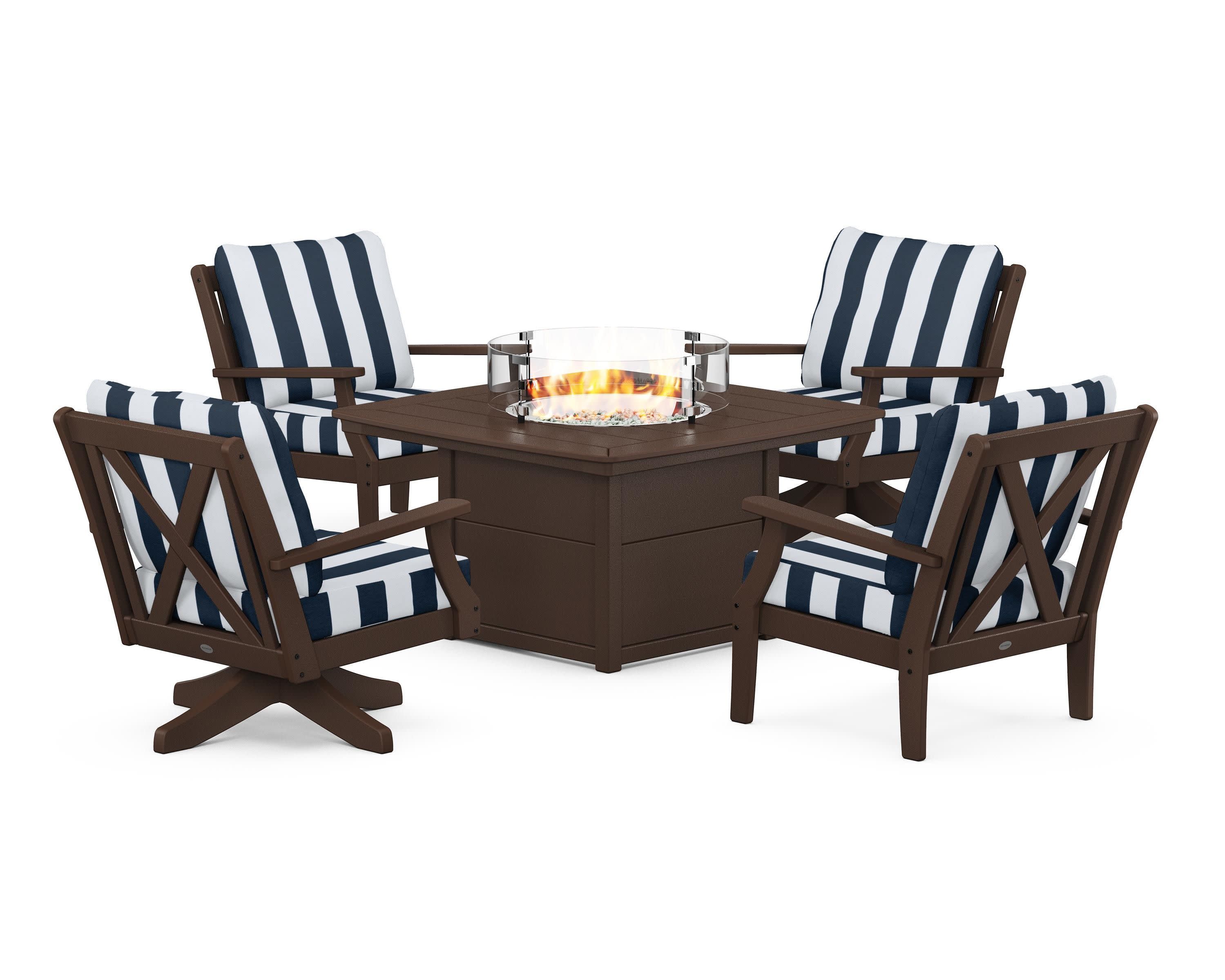 Braxton 5-Piece Deep Seating Set with Fire Table in Mahogany / Cabana Stripe Marine Indigo