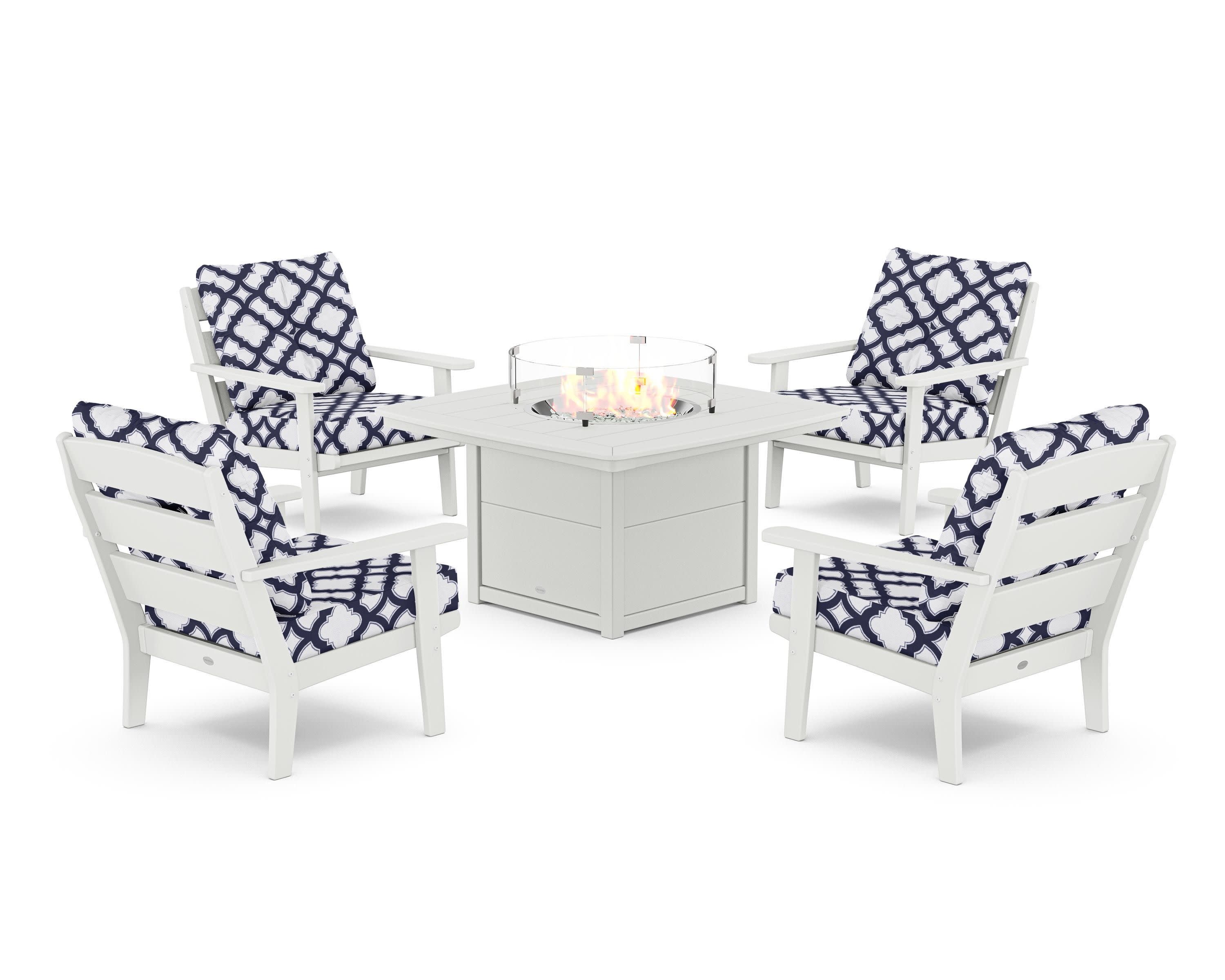 Lakeside 5-Piece Deep Seating Set with Nautical Fire Pit Table in White / Trellis Navy