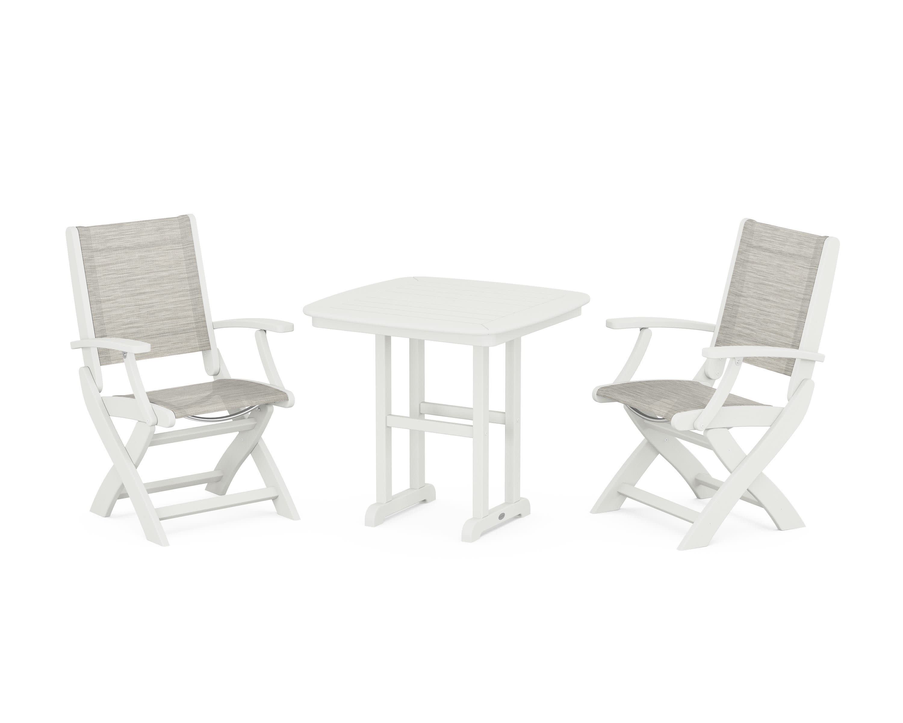 Coastal Folding Chair 3-Piece Dining Set in Vintage White / Birch Sling