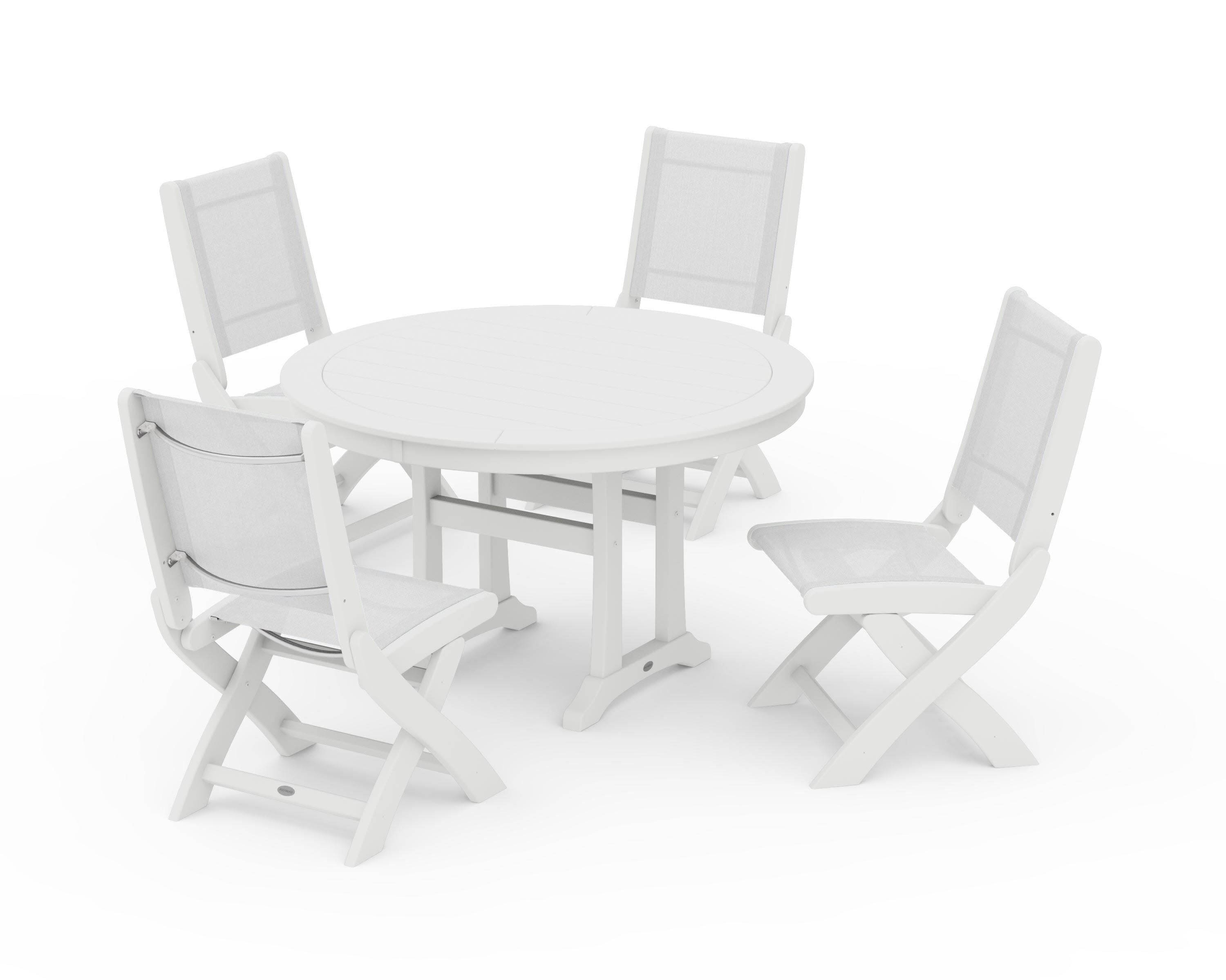 Coastal Folding Side Chair 5-Piece Round Dining Set With Trestle Legs in White / White Sling