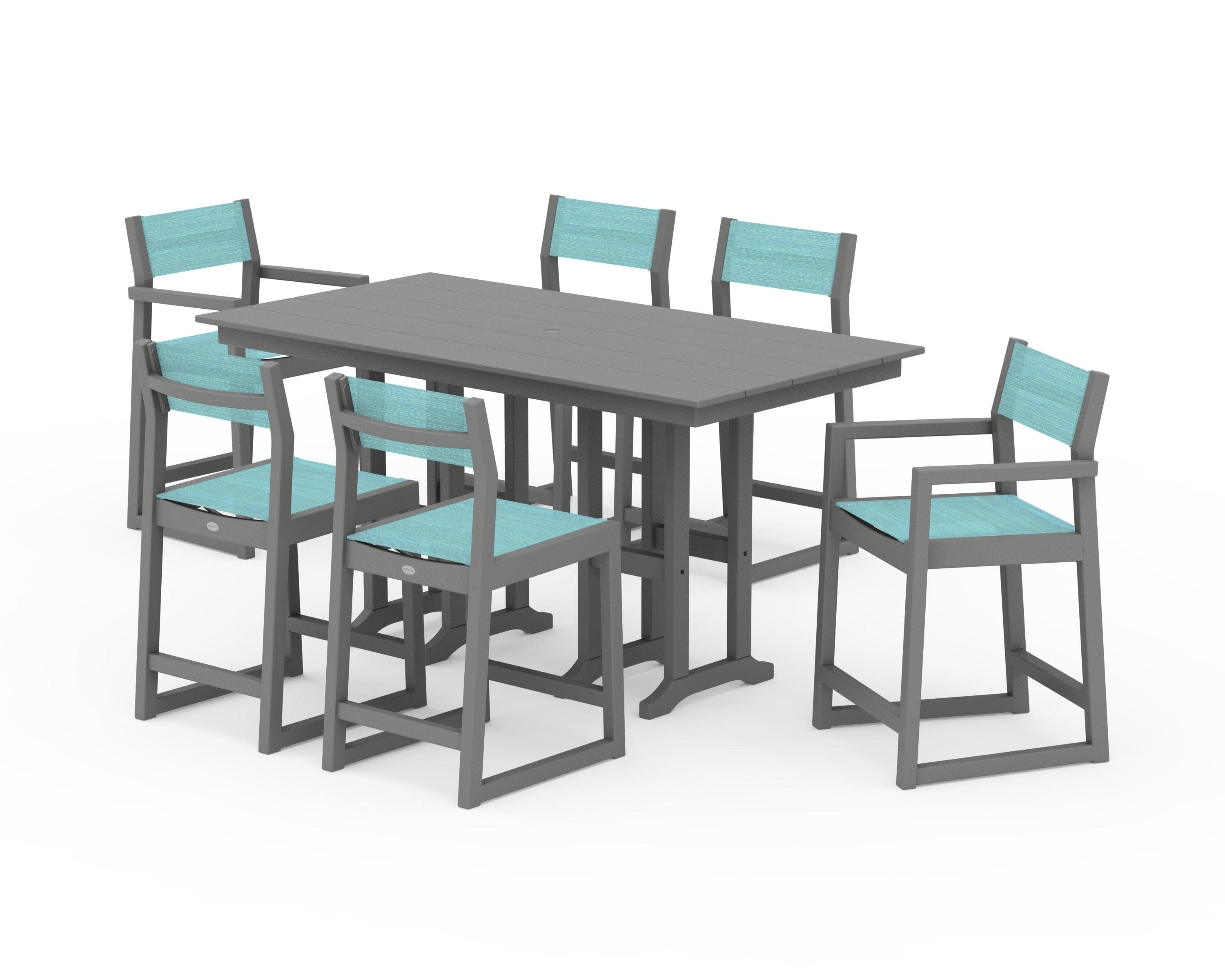 EDGE Sling 7-Piece Farmhouse Counter Set with Trestle Legs in Slate Grey / Dupioni Aquamarine Sling