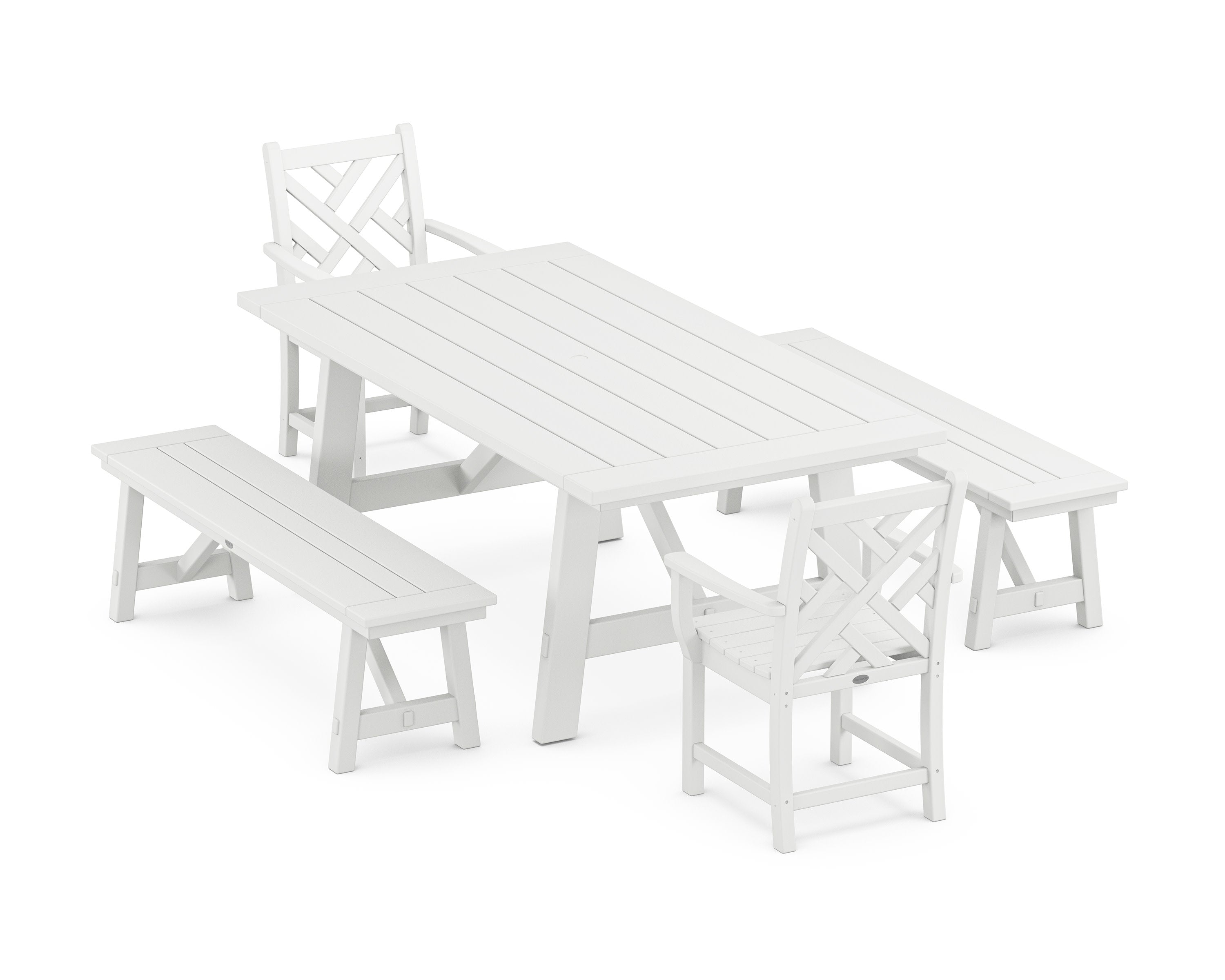 Chippendale 5-Piece Rustic Farmhouse Dining Set With Benches in White
