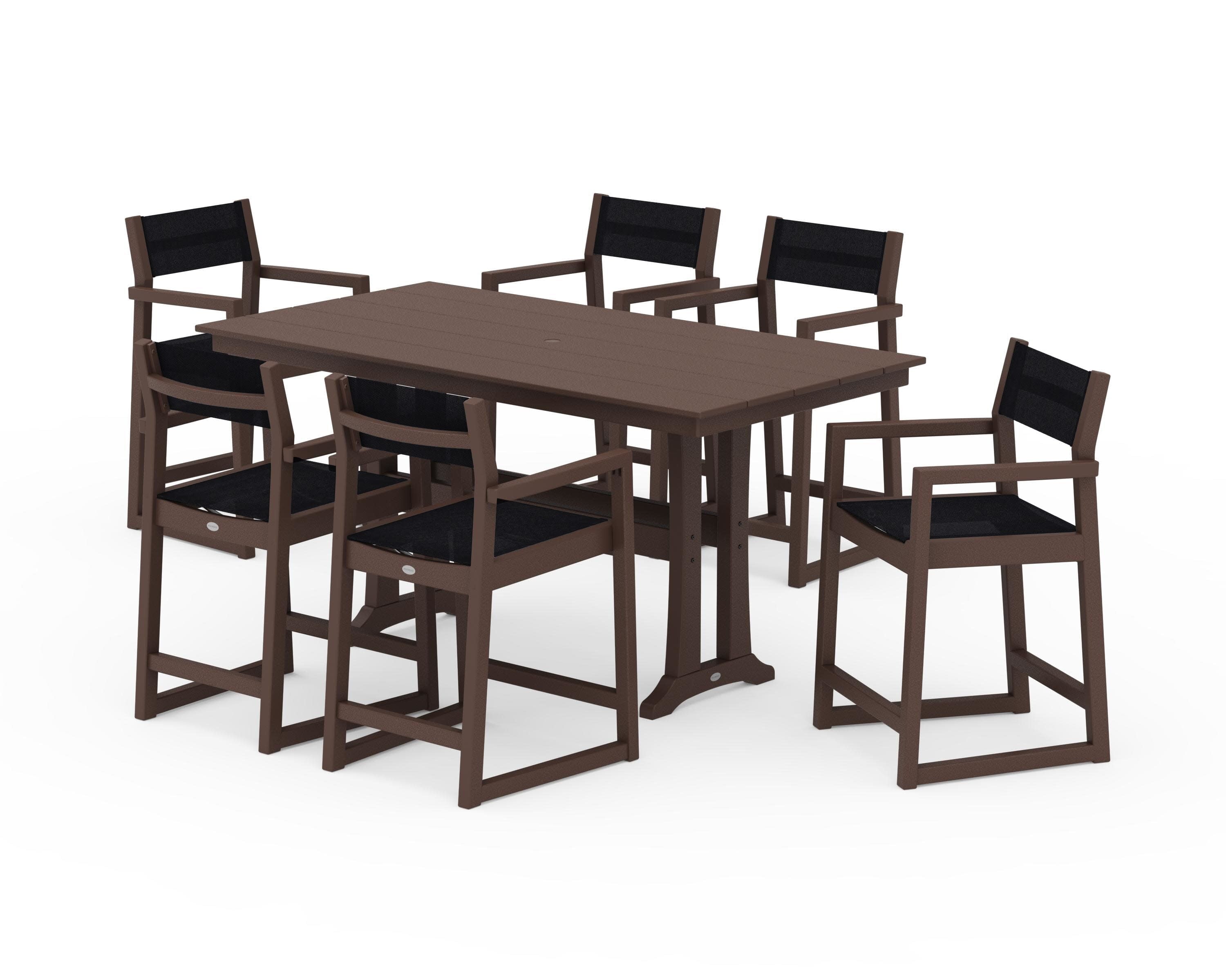 EDGE Sling Arm Chair 7-Piece Farmhouse Counter Set with Trestle Legs in Mahogany / Black Sling