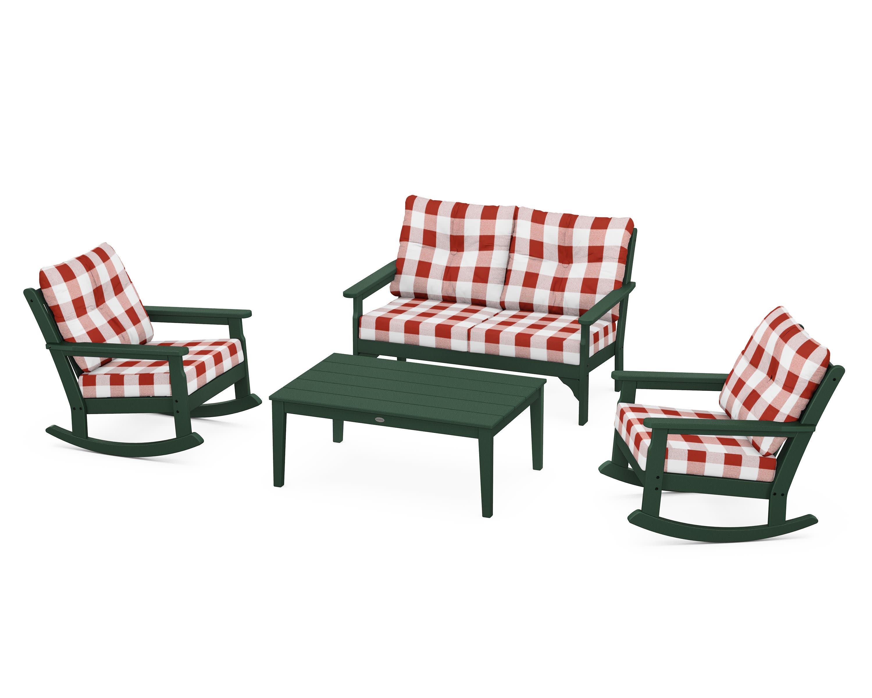 Vineyard 4-Piece Deep Seating Rocking Chair Set in Green / Buffalo Plaid Crimson