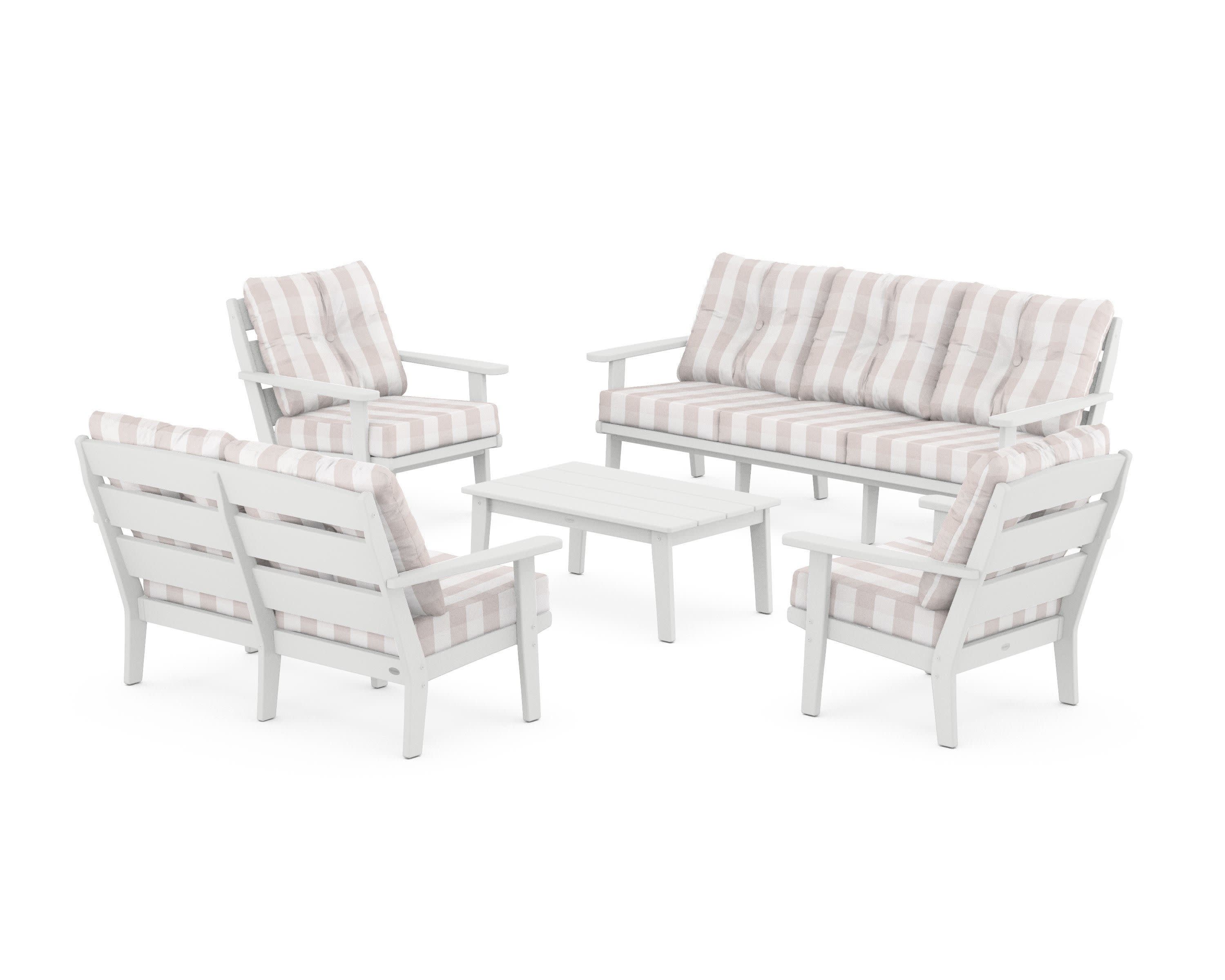 Lakeside 5-Piece Lounge Sofa Set in White / Buffalo Plaid Dune Burlap