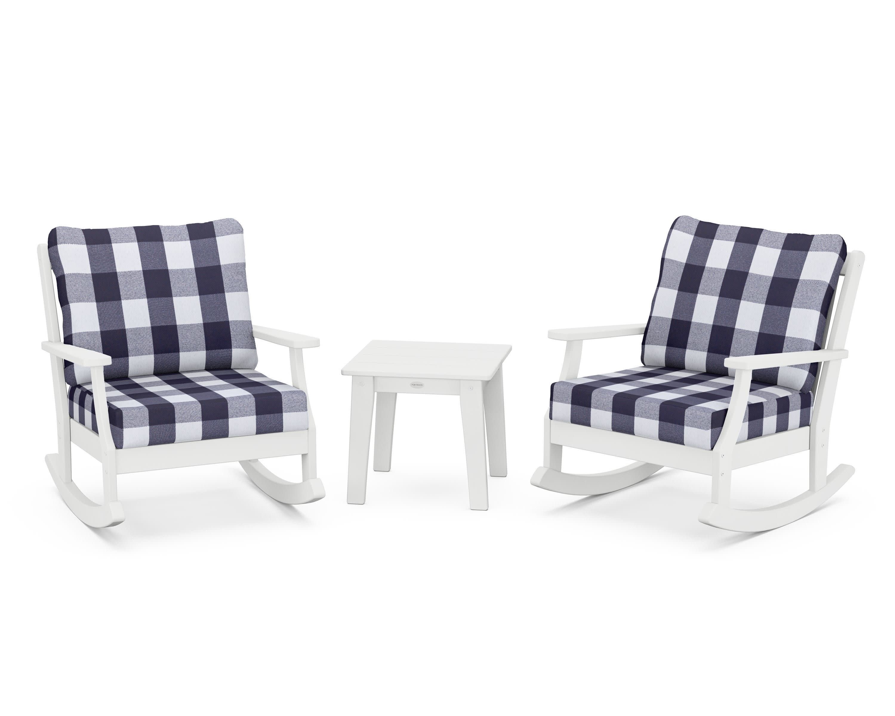 Braxton 3-Piece Deep Seating Rocker Set in White / Buffalo Plaid Navy