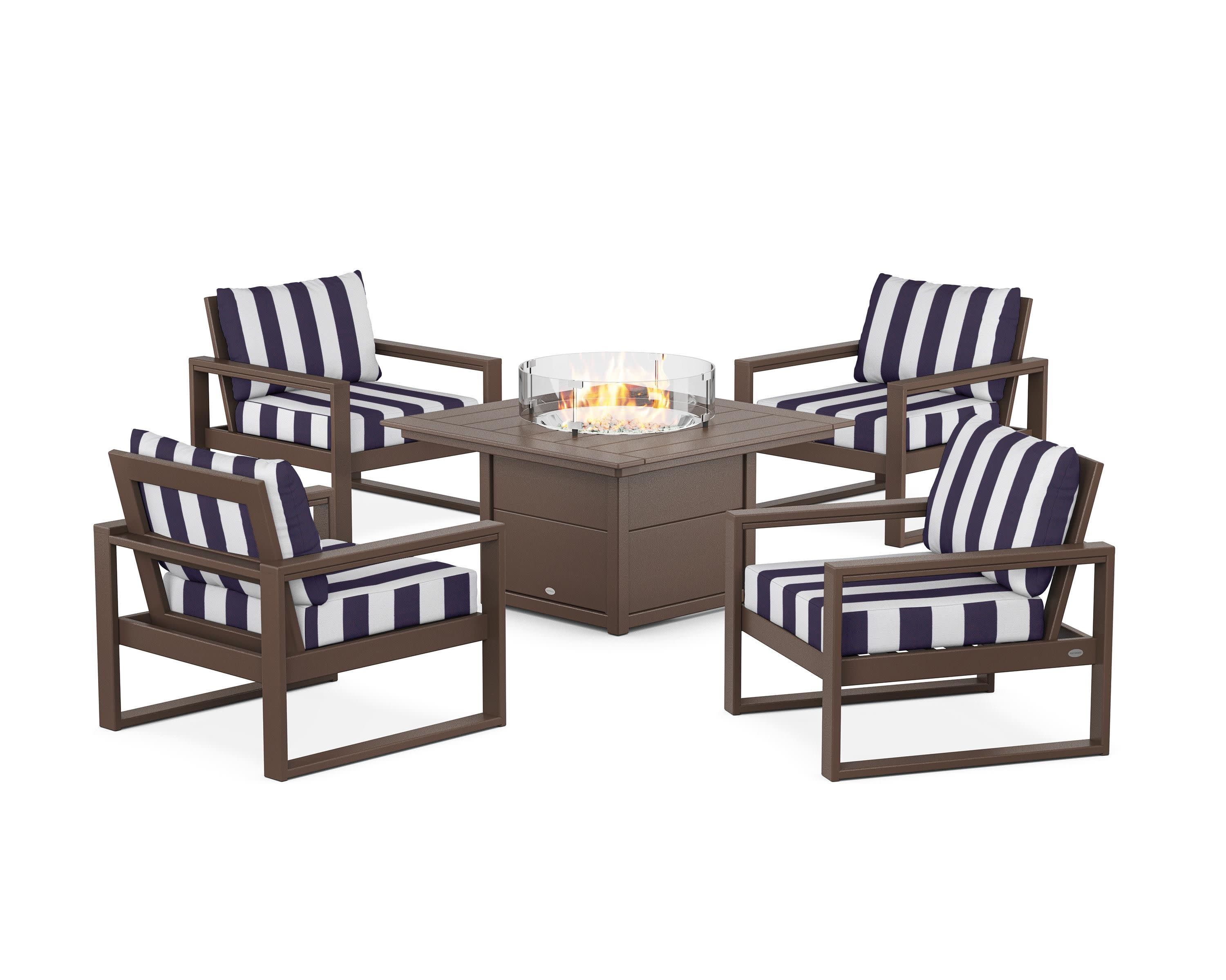 EDGE Sectional 5-Piece Deep Seating Set with Fire Pit Table in Mahogany / Cabana Stripe Navy