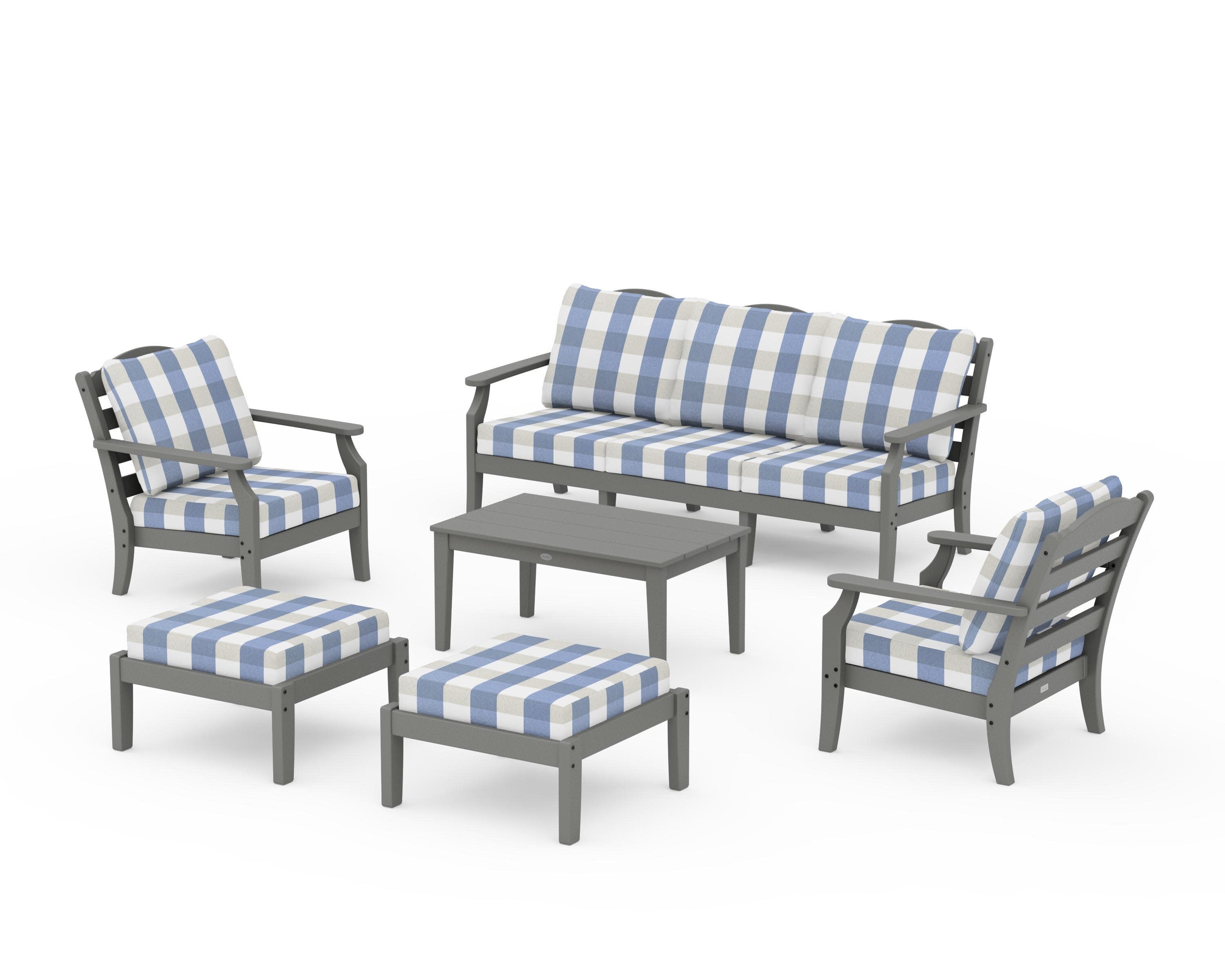 Savannah 6-Piece Lounge Sofa Set in Slate Grey / Buffalo Plaid Sky Blue