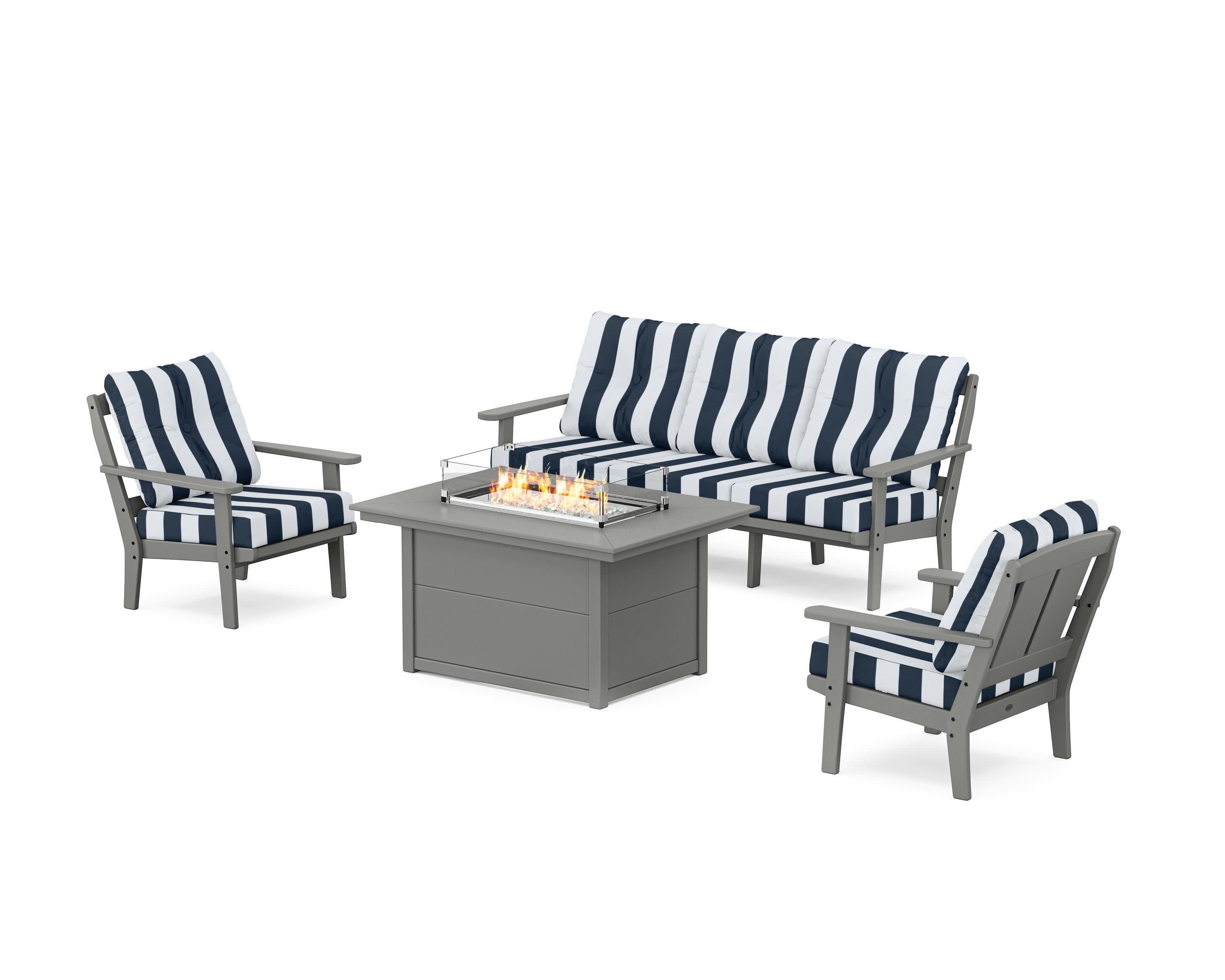 Mission Deep Seating Fire Pit Table Set in Slate Grey / Cabana Stripe Marine Indigo