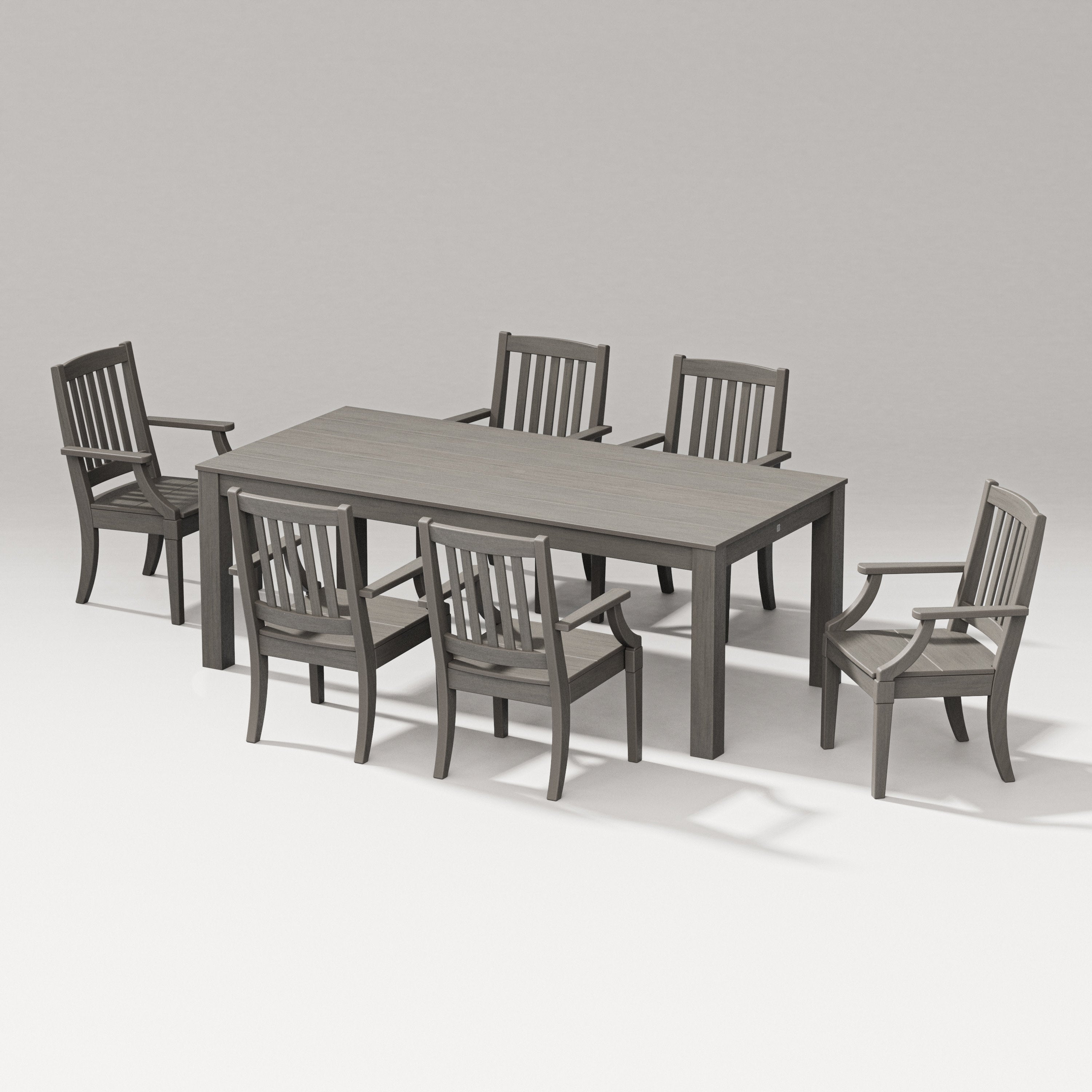 Estate Arm Chair 7-Piece Parsons Table Dining Set in Driftwood