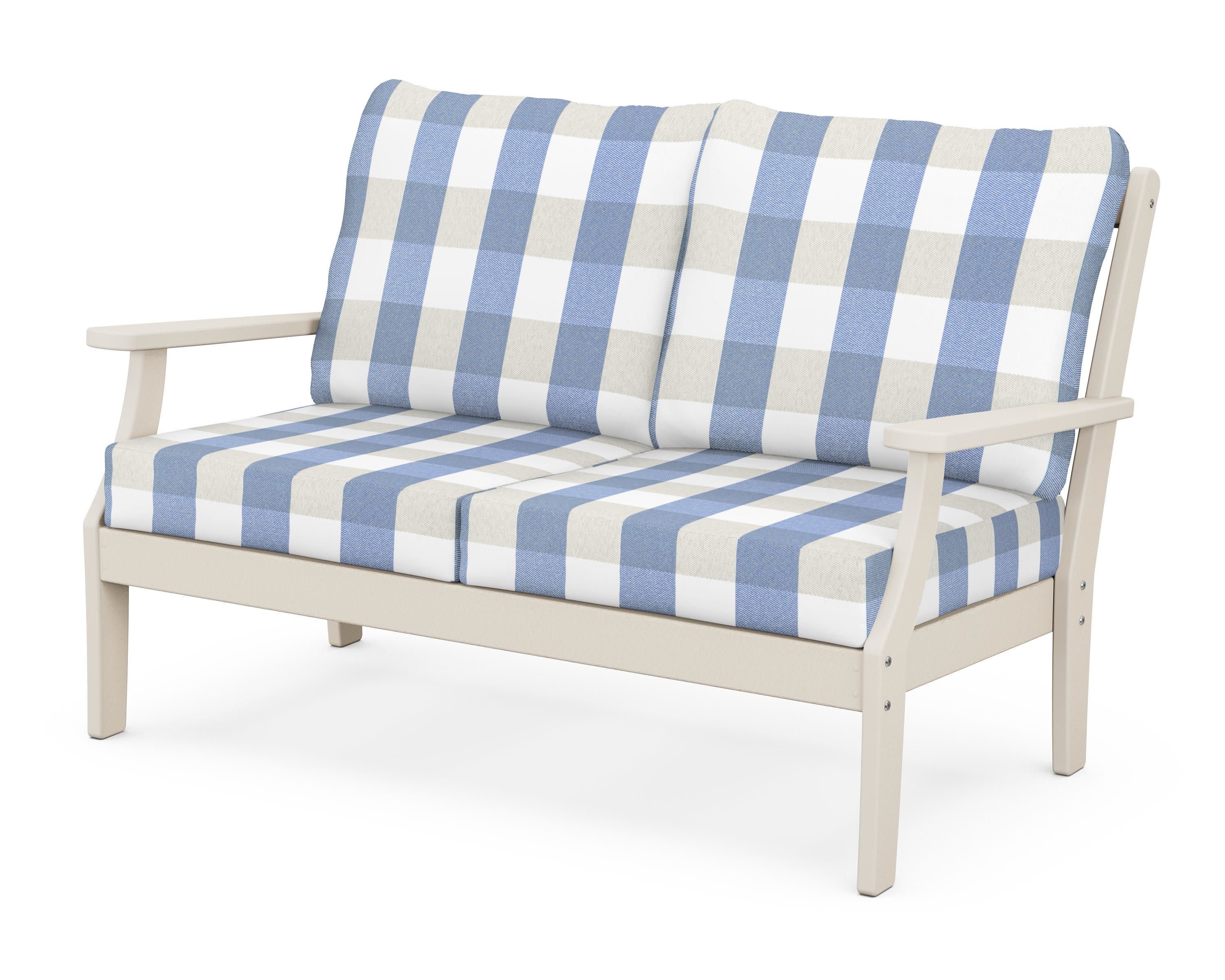 Braxton Deep Seating Loveseat in Sand / Buffalo Plaid Sky Blue