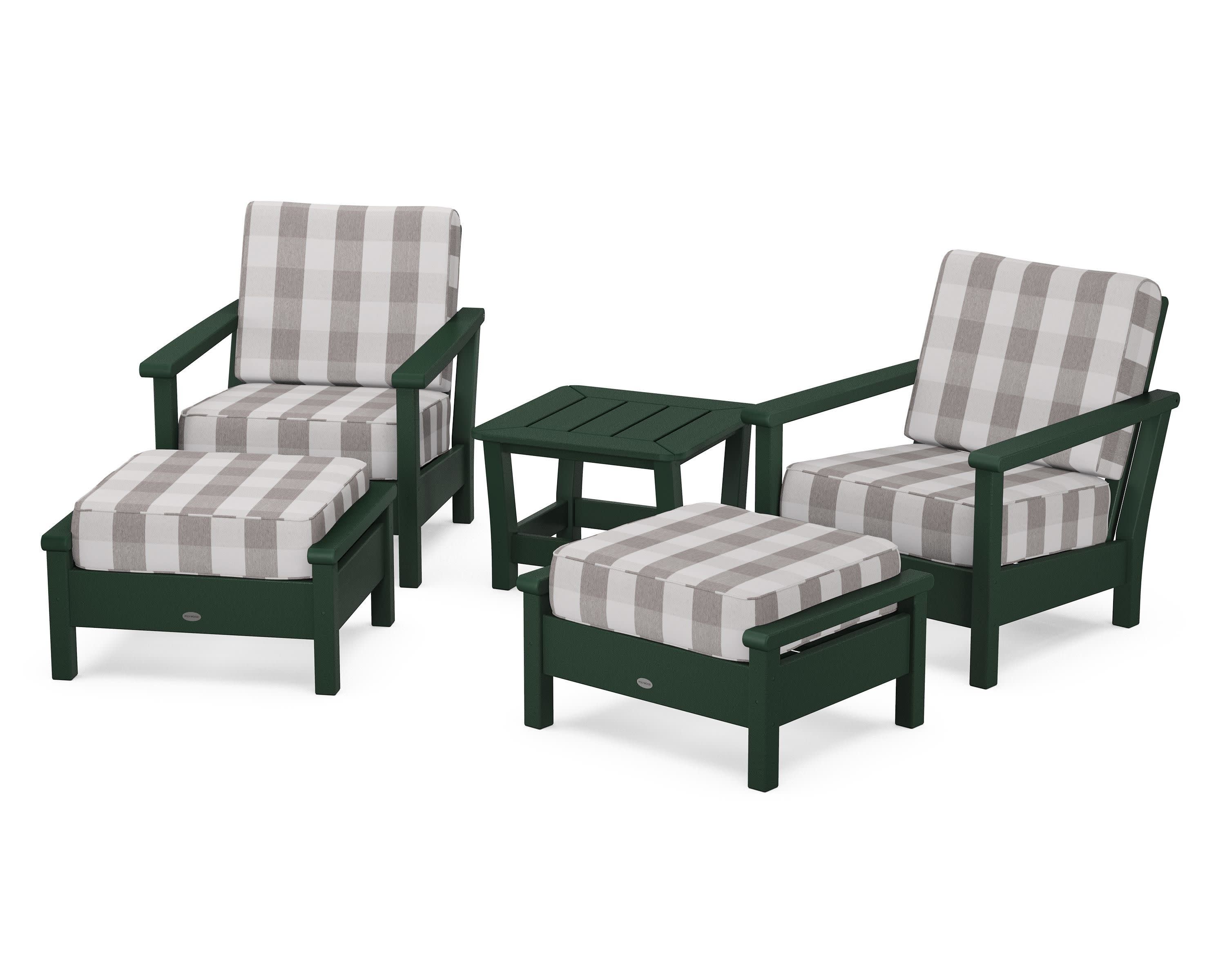 Harbour 5-Piece Deep Seating Chair Set in Green / Buffalo Plaid Grey Mist
