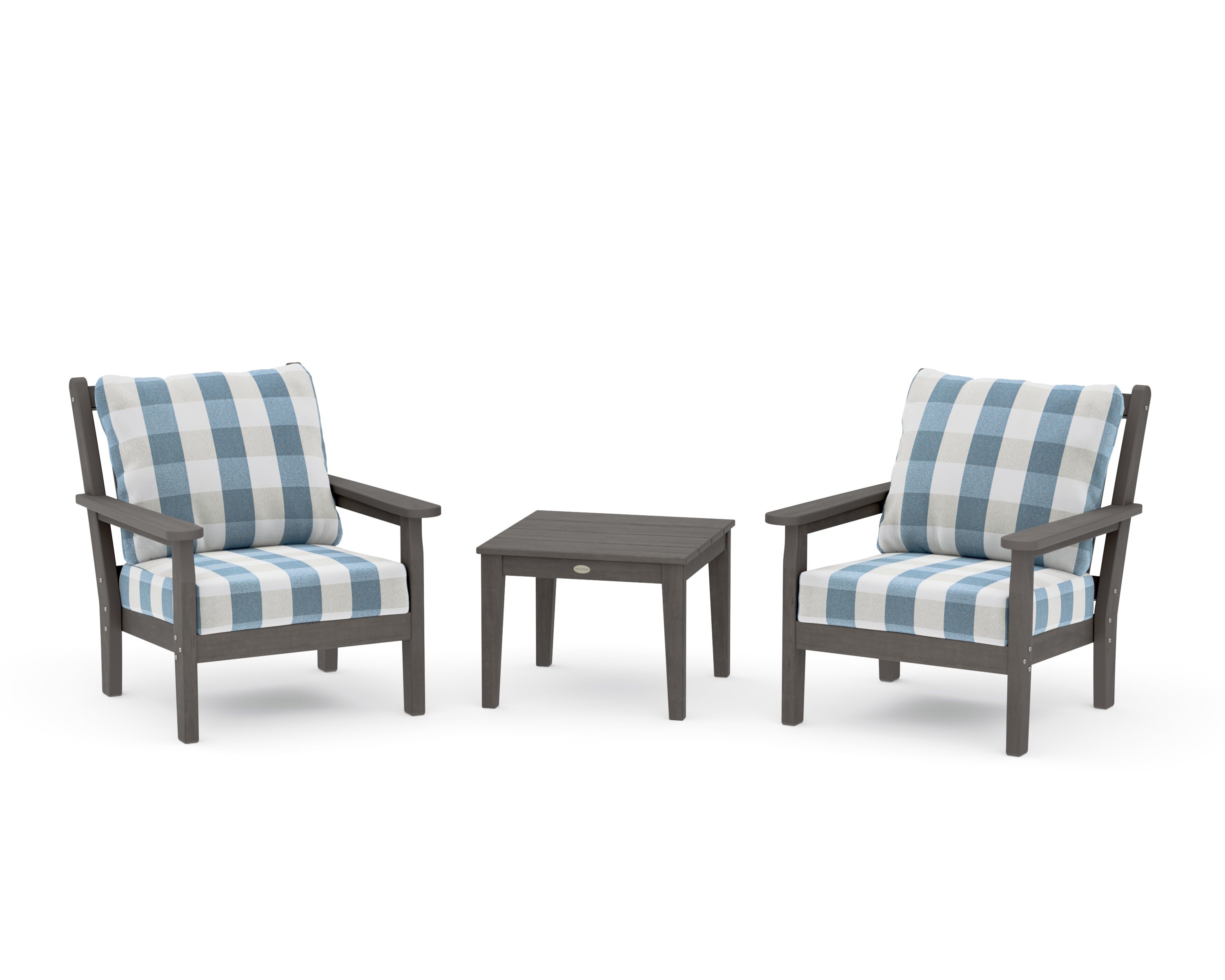Chippendale 3-Piece Deep Seating Set in Driftwood / Buffalo Plaid Sky Blue