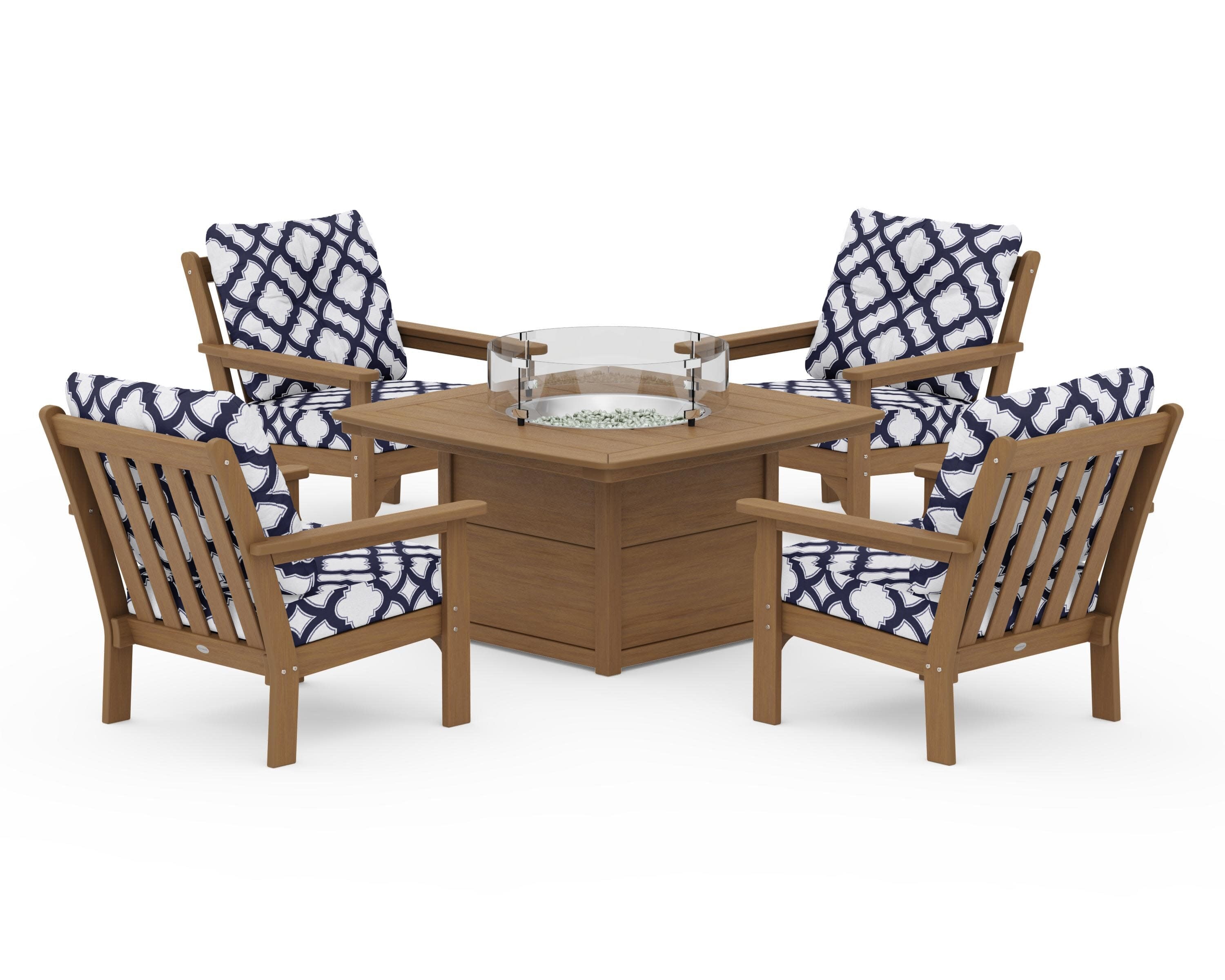 Vineyard 5-Piece Conversation Set with Fire Pit Table in Natural / Trellis Navy