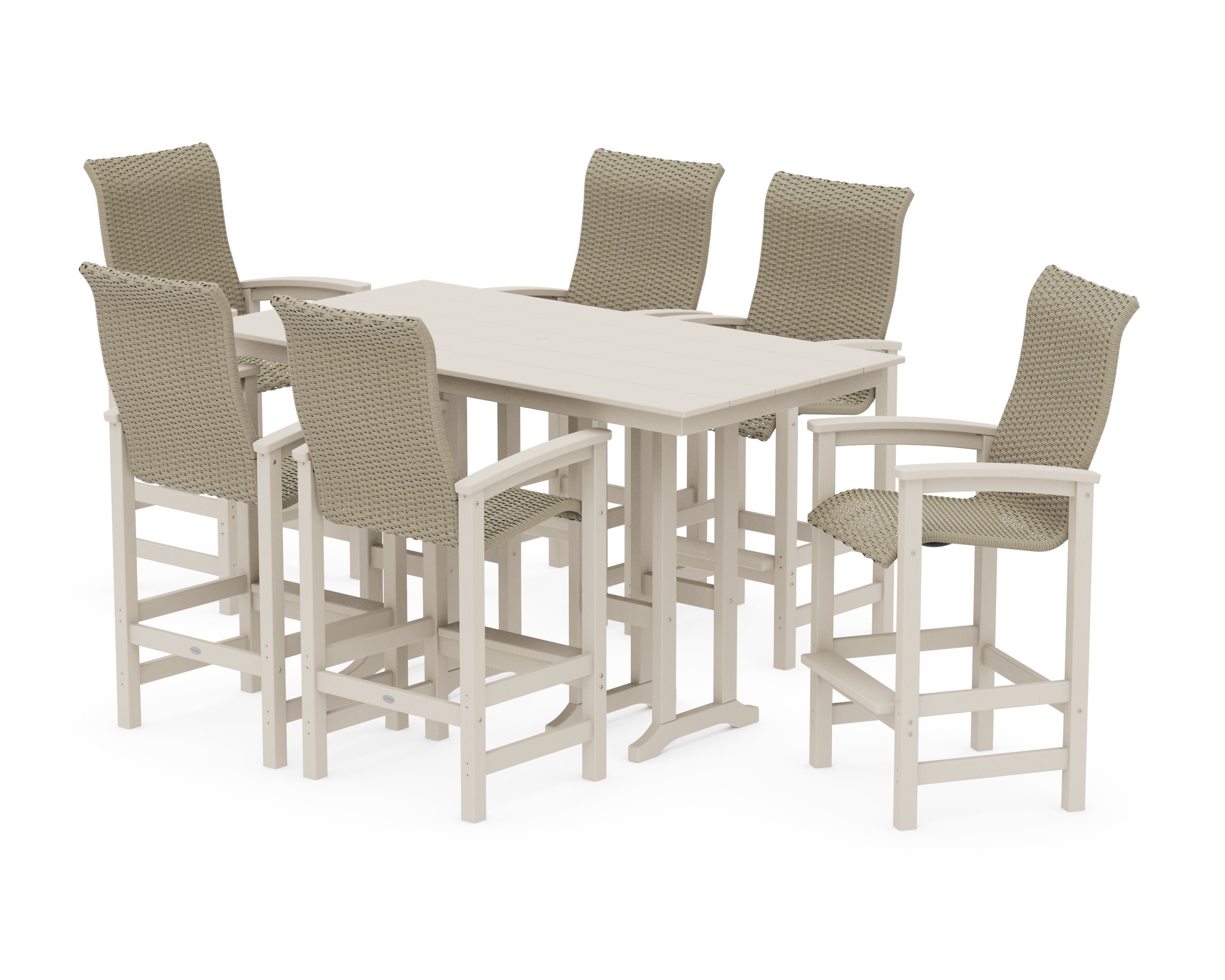 Coastal Woven High-Back Arm Chair 7-Piece Farmhouse Bar Set in Sand / Dune Grass