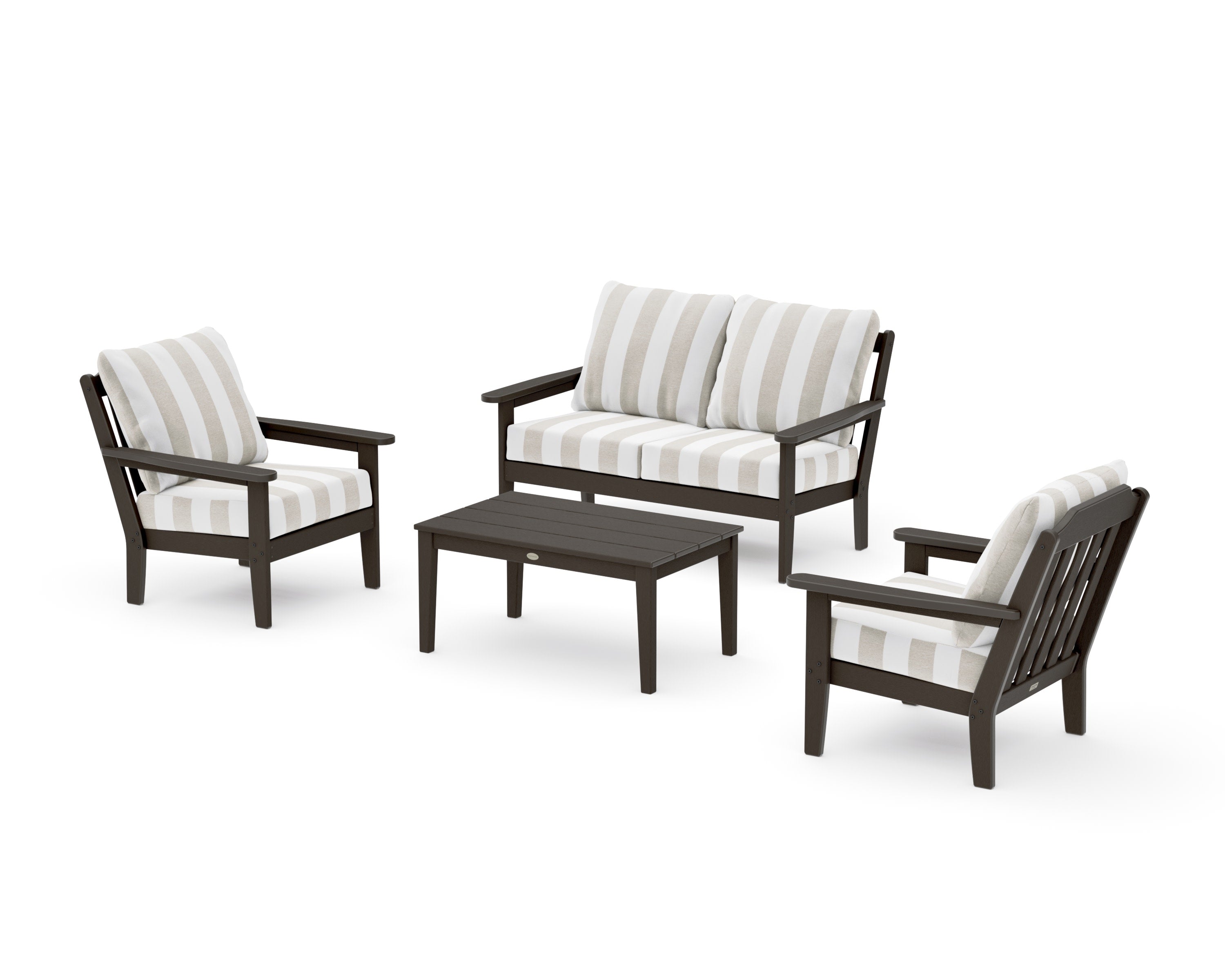 Cottage 4-Piece Deep Seating Set with Loveseat in Vintage Coffee / Cabana Stripe Dune Burlap