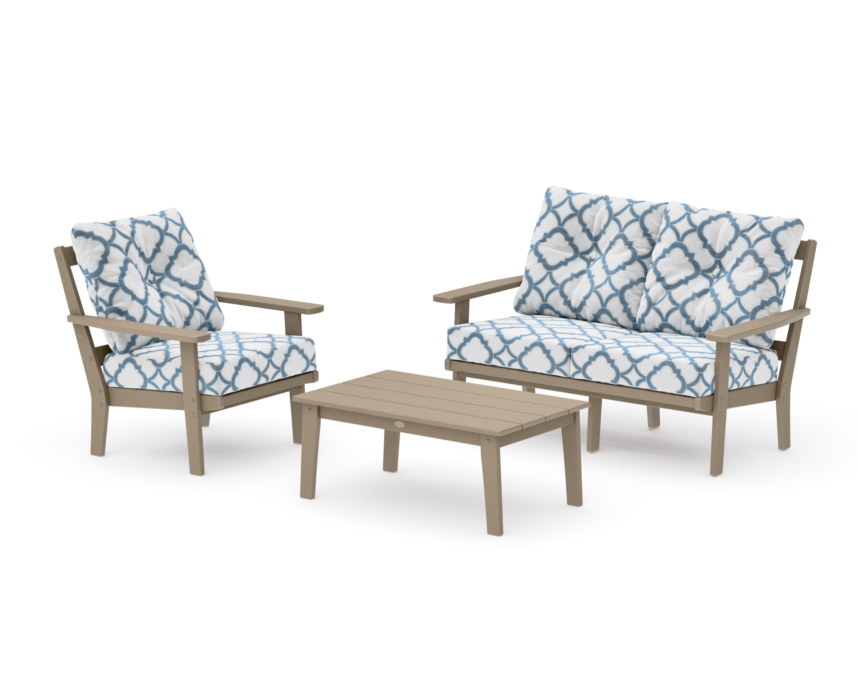 Prairie 3-Piece Deep Seating Set with Loveseat in Vintage Sahara / Trellis Sky Blue