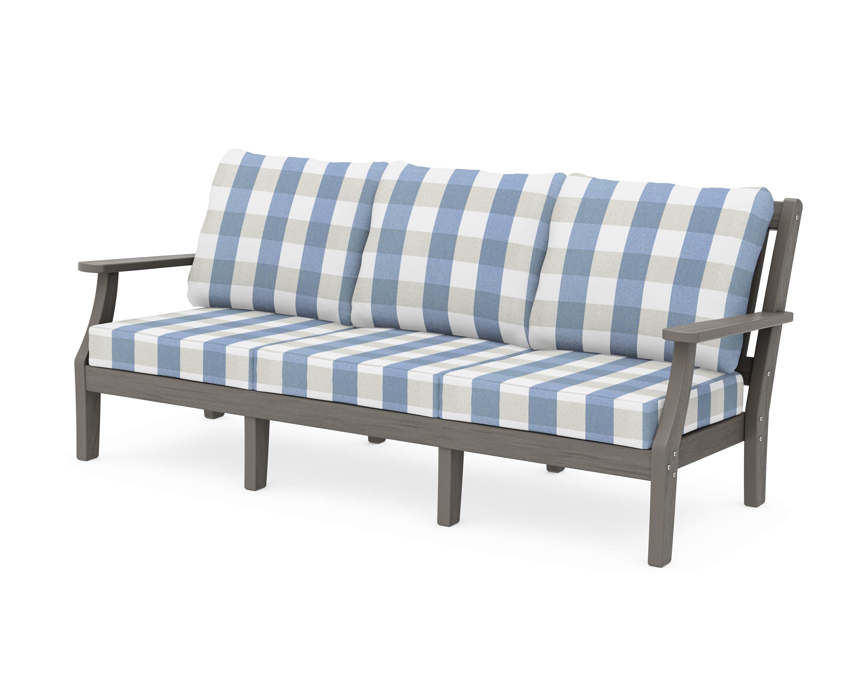 Chinoiserie Deep Seating Sofa in Driftwood / Buffalo Plaid Sky Blue