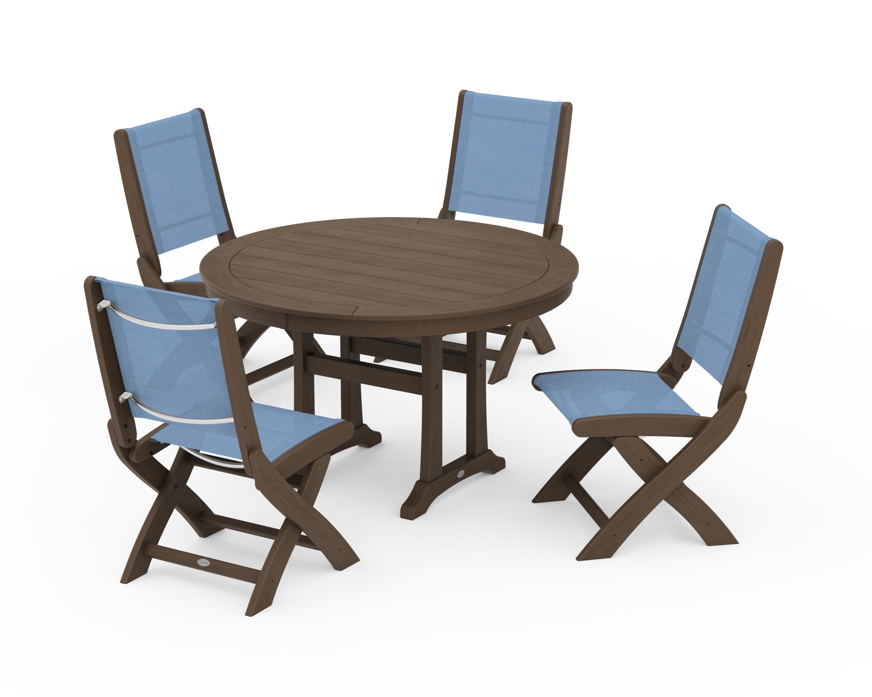 Coastal Folding Side Chair 5-Piece Round Dining Set With Trestle Legs in Kona / Poolside Sling