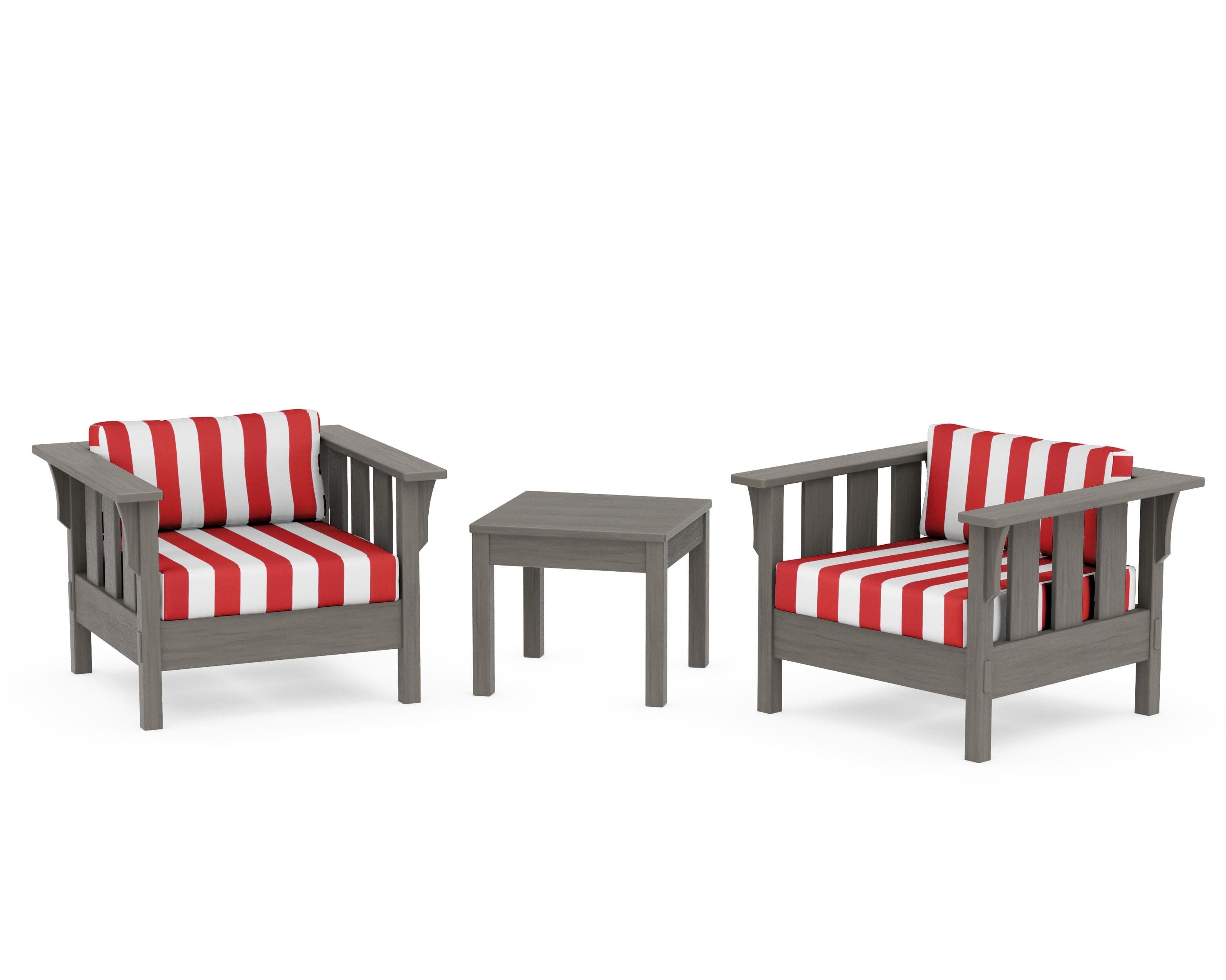 Acadia 3-Piece Deep Seating Set in Driftwood / Cabana Stripe Crimson