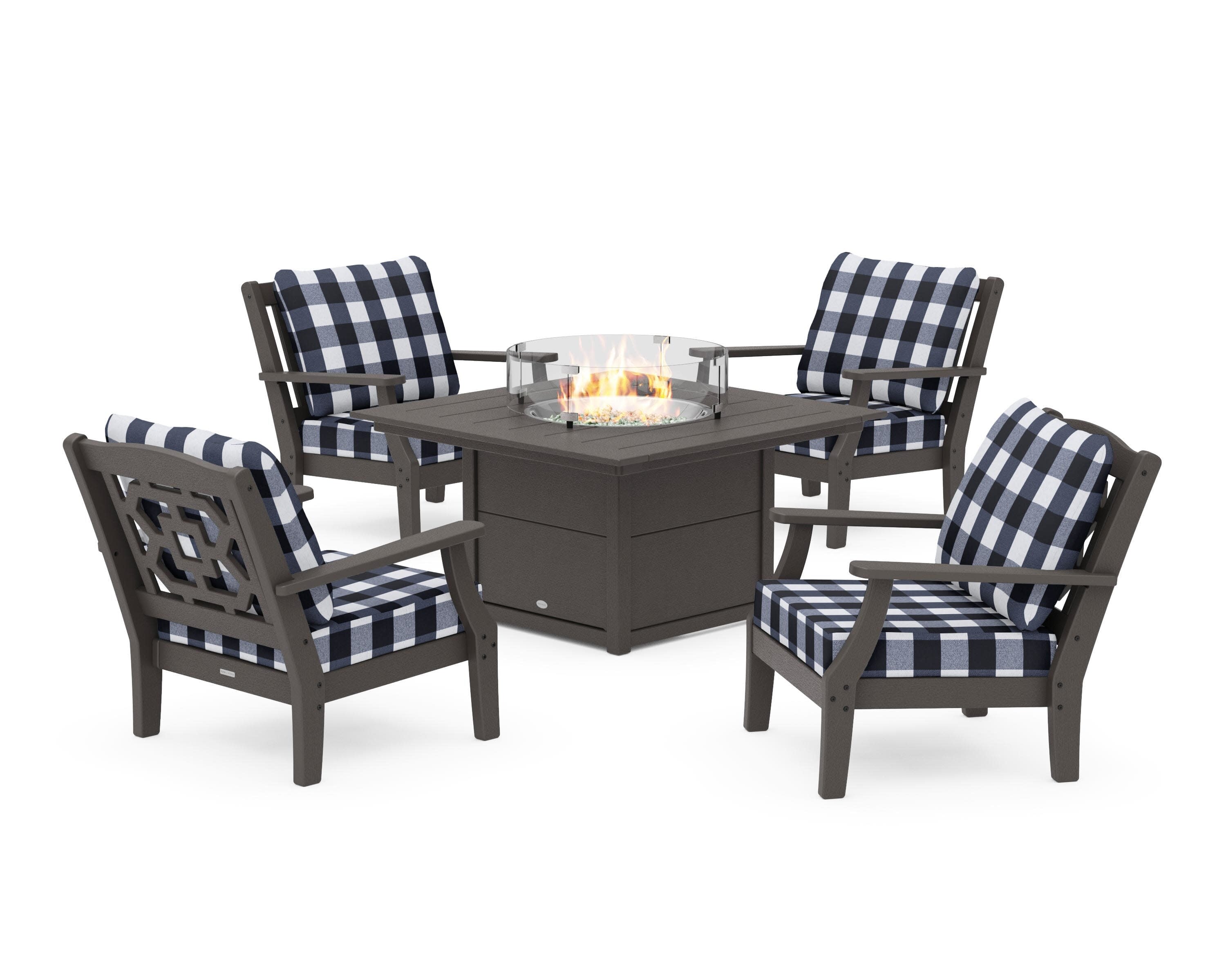 Chinoiserie 5-Piece Deep Seating Set with Fire Pit Table in Vintage Coffee / Buffalo Plaid Marine Indigo