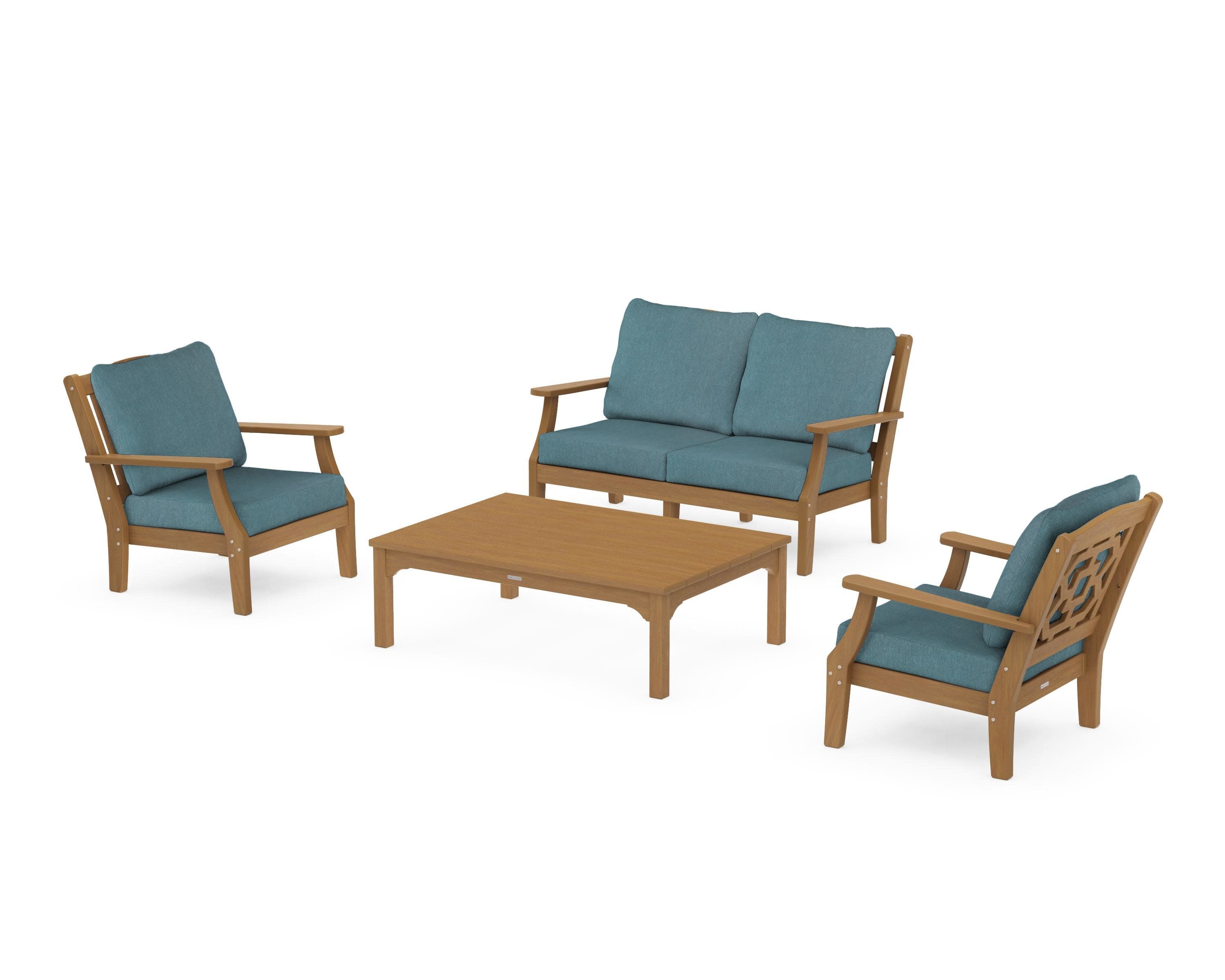 Chinoiserie 4-Piece Deep Seating Set with Loveseat in Natural / Ocean Teal