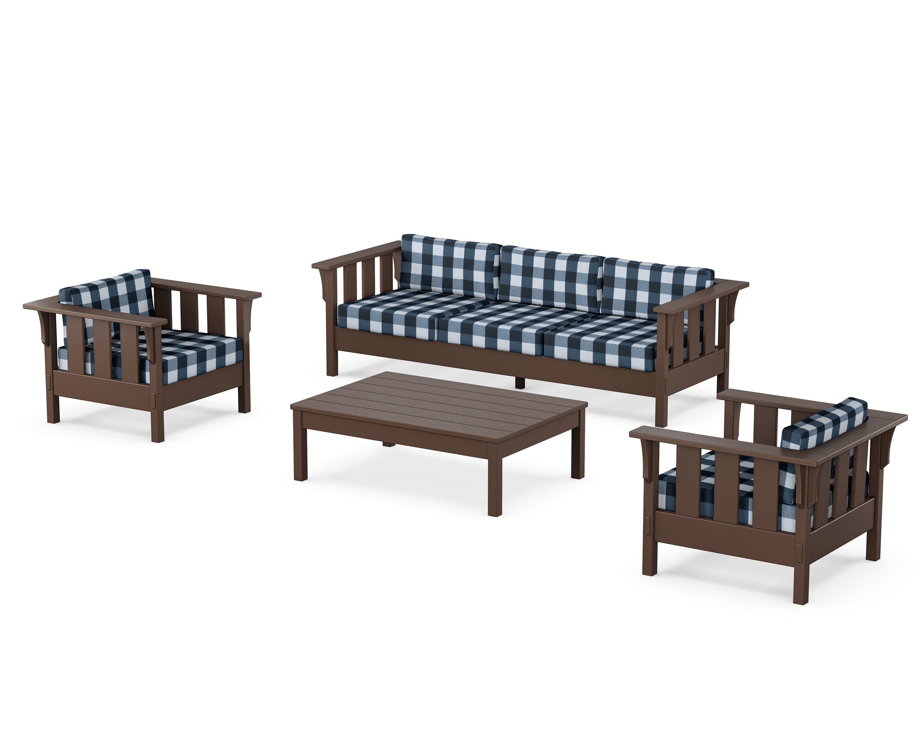 Acadia 4-Piece Deep Seating Set with Sofa in Mahogany / Buffalo Plaid Marine Indigo