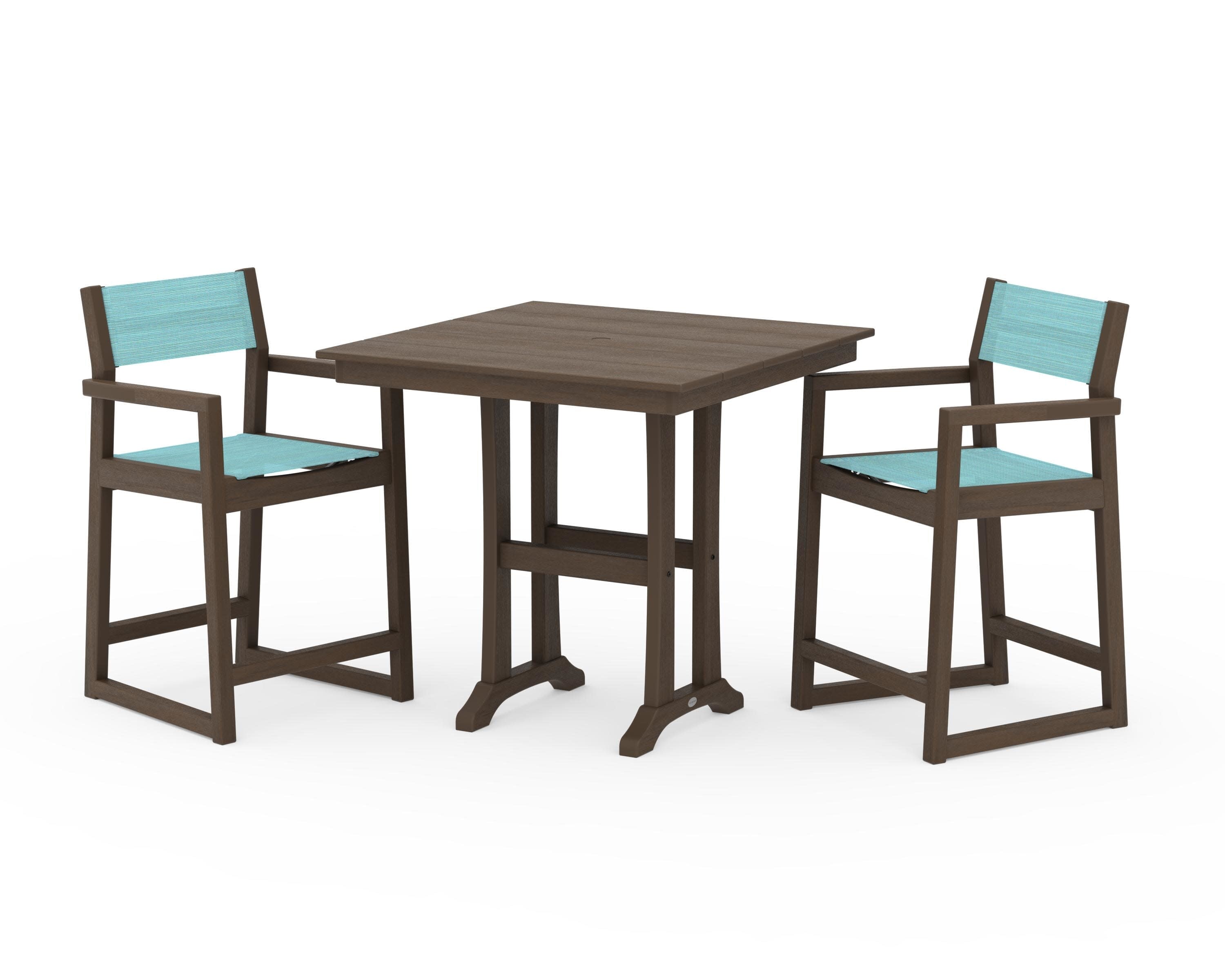 EDGE Sling Arm Chair 3-Piece Farmhouse Counter Set with Trestle Legs in Kona / Dupioni Aquamarine Sling