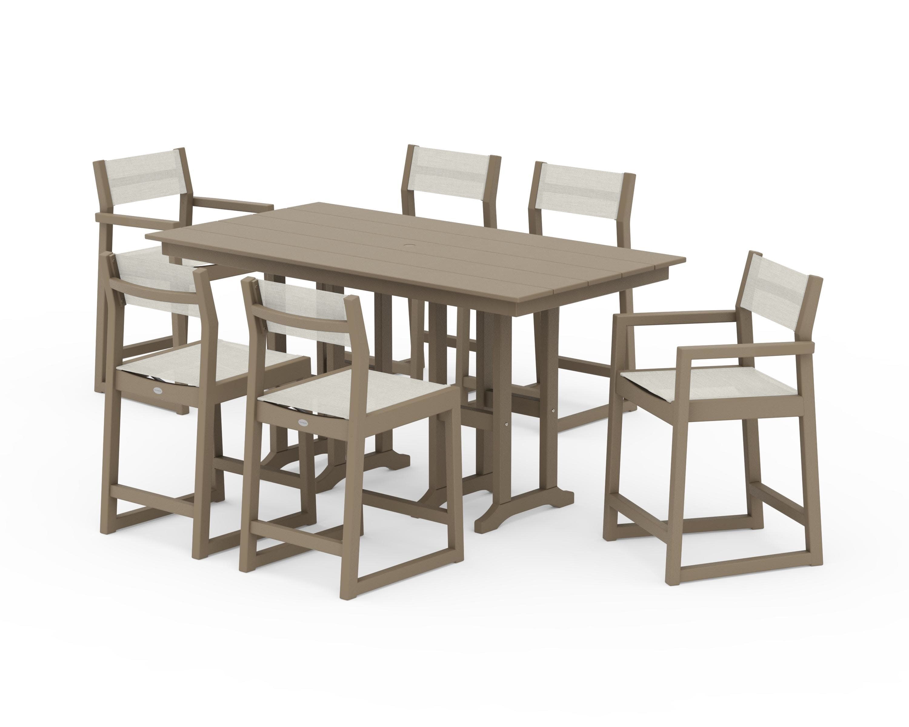 EDGE Sling 7-Piece Farmhouse Counter Set with Trestle Legs in Vintage Sahara / Parchment Sling
