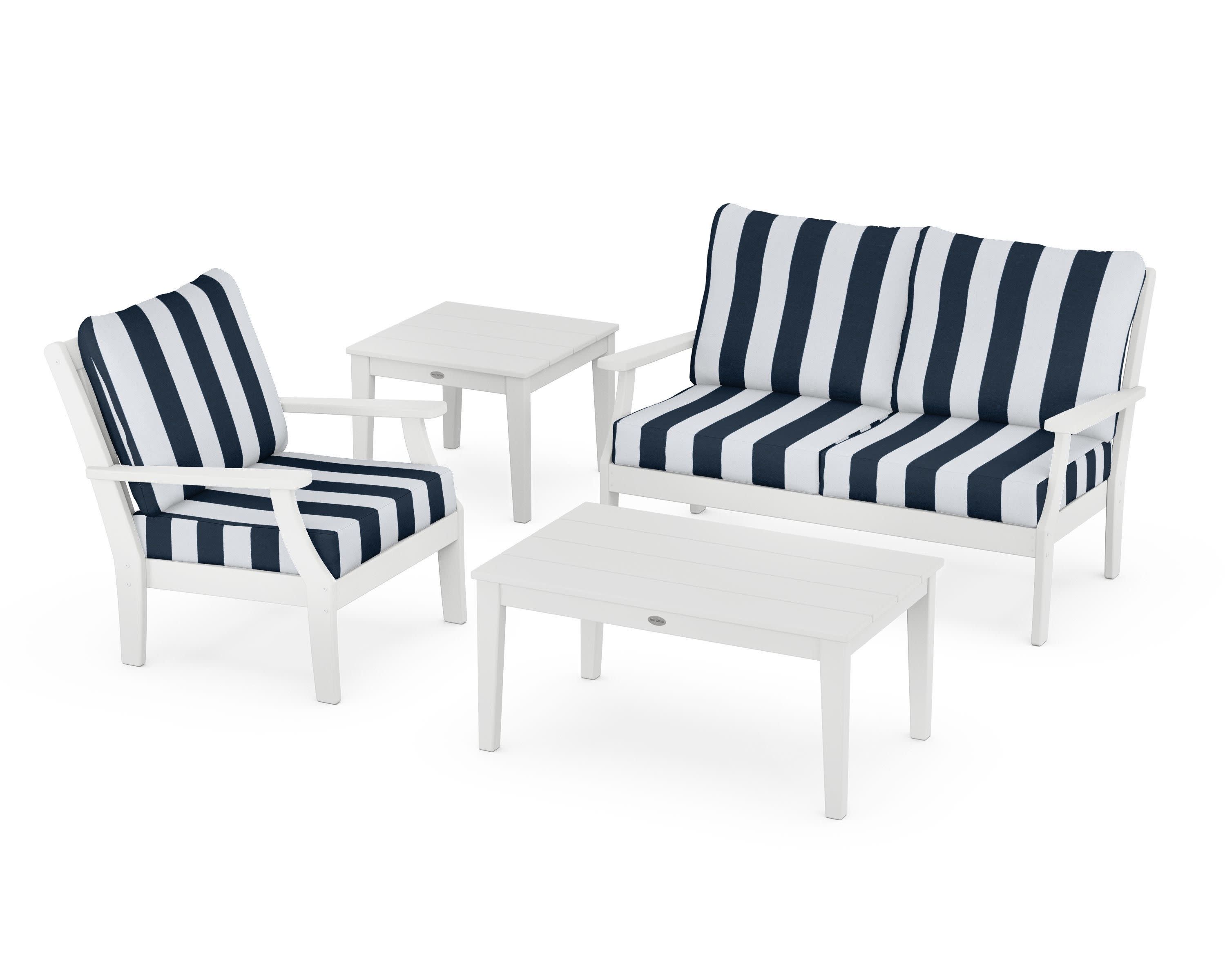 Braxton 4-Piece Deep Seating Set in White / Cabana Stripe Marine Indigo
