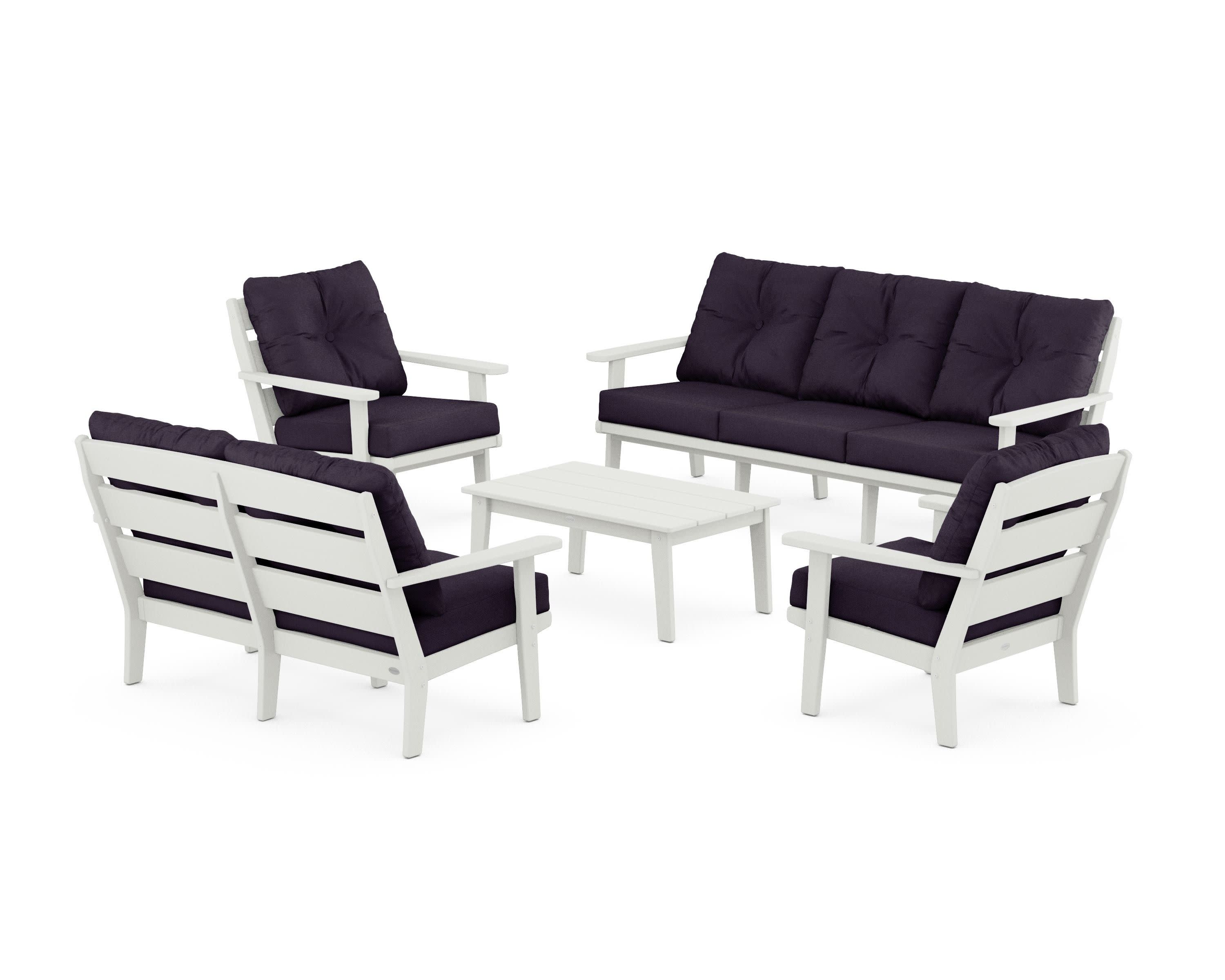 Lakeside 5-Piece Lounge Sofa Set in Vintage White / Navy Linen