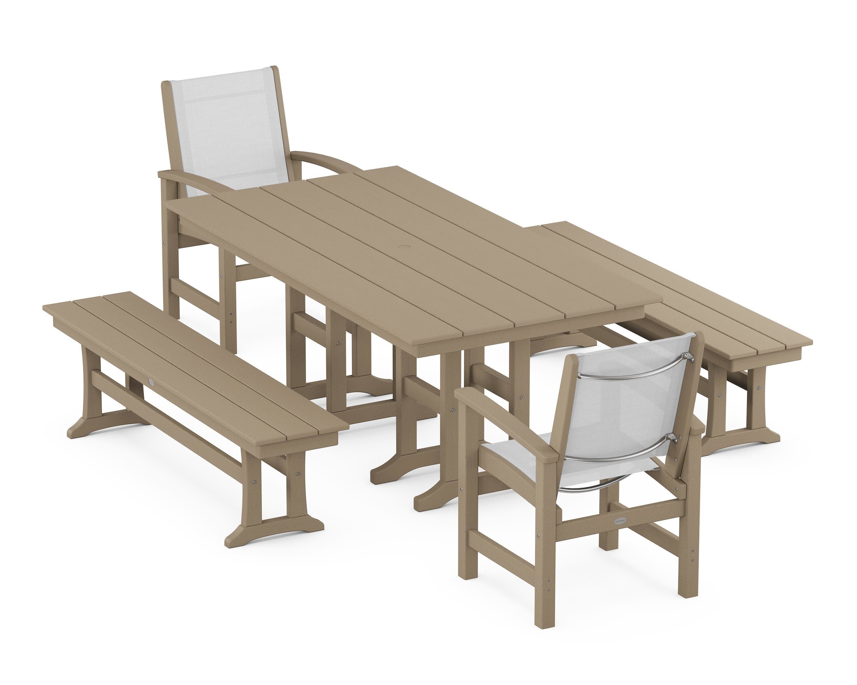 Coastal 5-Piece Farmhouse Dining Set in Vintage Sahara / White Sling