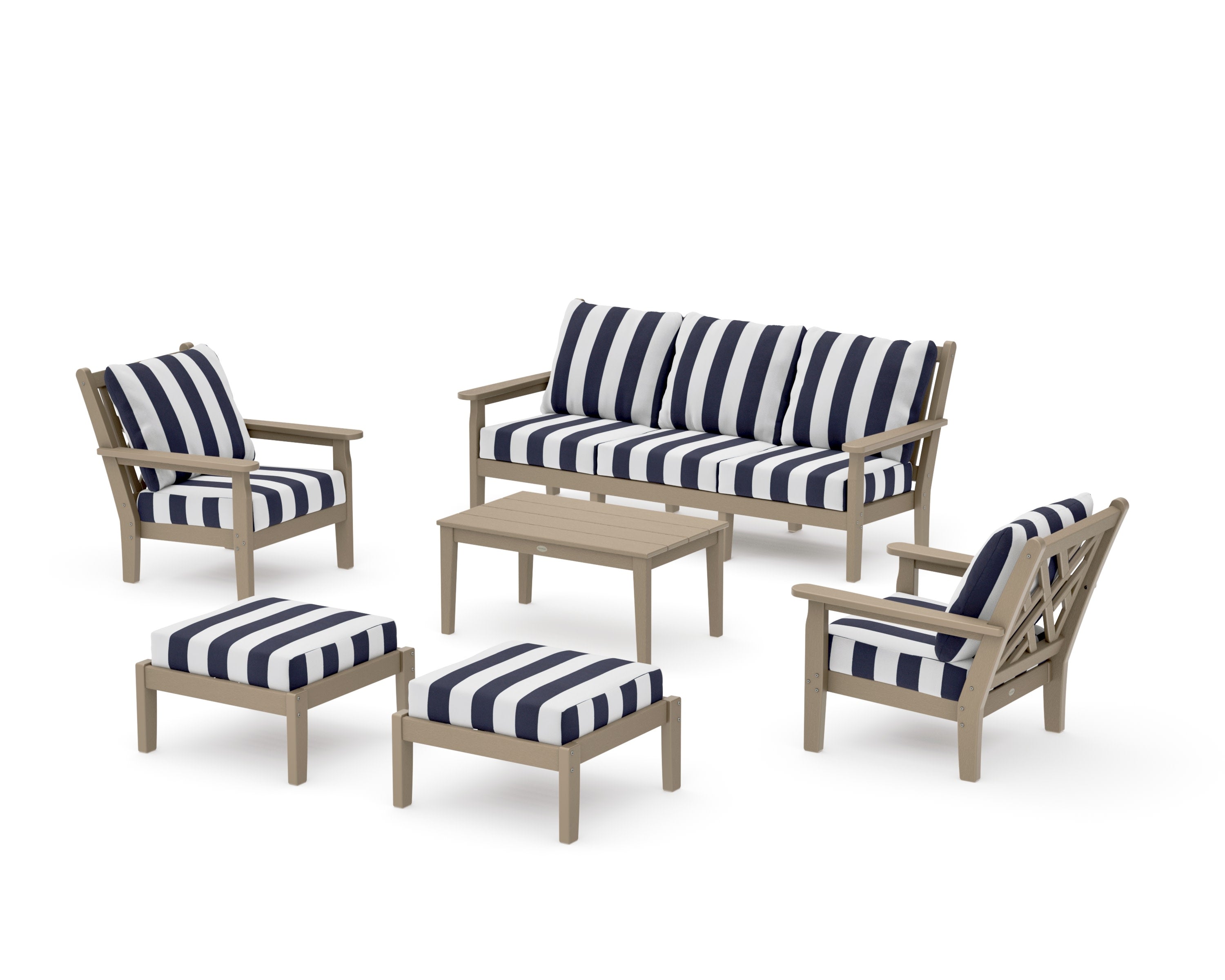 Chippendale 6-Piece Lounge Sofa Set in Vintage Sahara / Cabana Stripe Navy