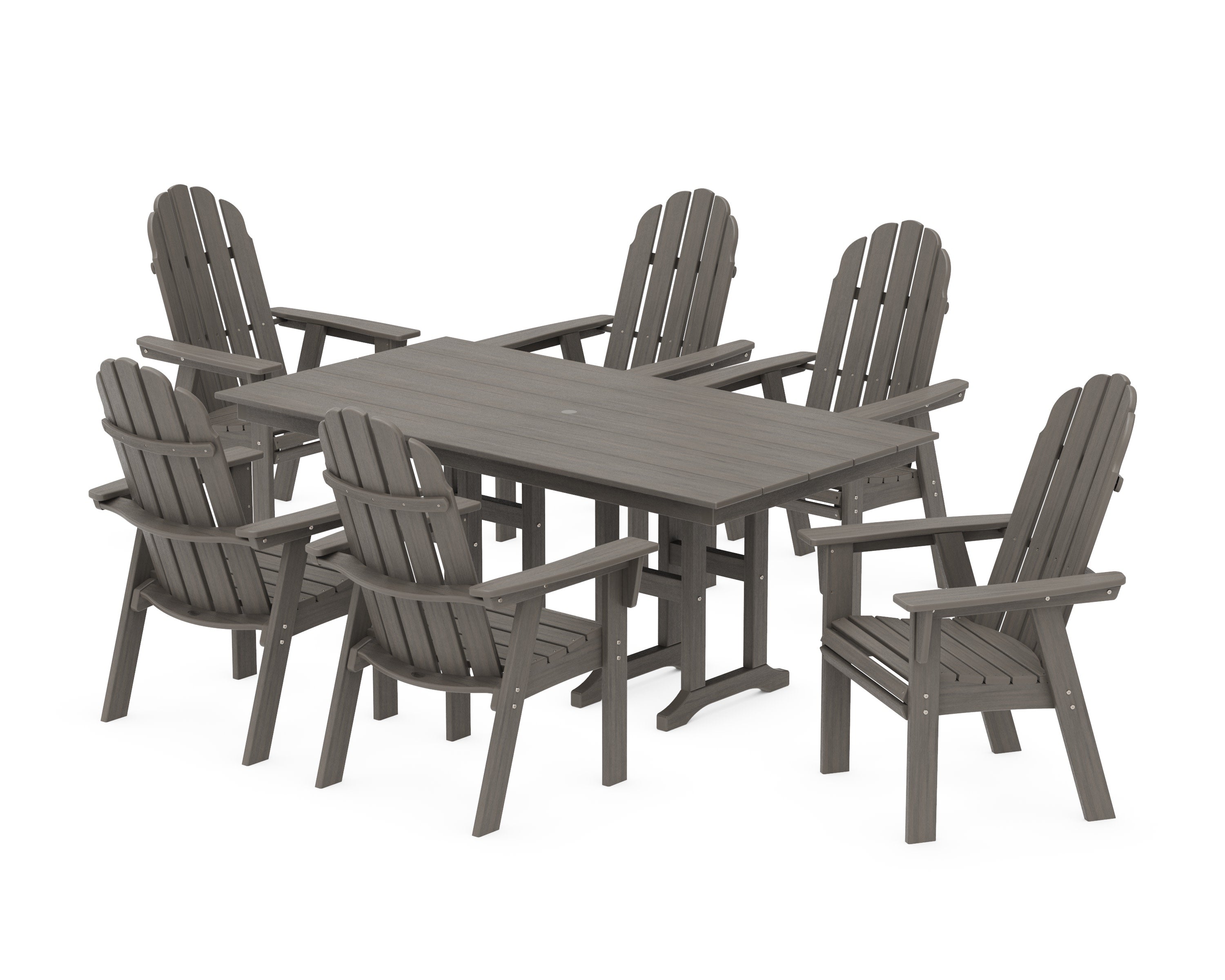 Vineyard Curveback Adirondack Chair 7-Piece Farmhouse Dining Set in Driftwood