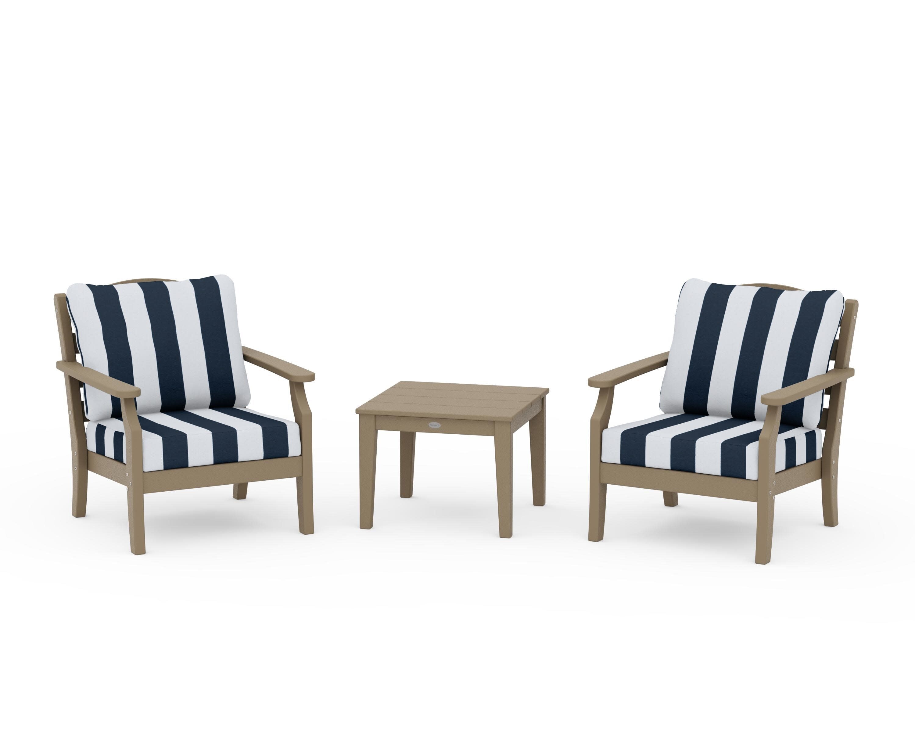Savannah 3-Piece Deep Seating Set in Vintage Sahara / Cabana Stripe Marine Indigo