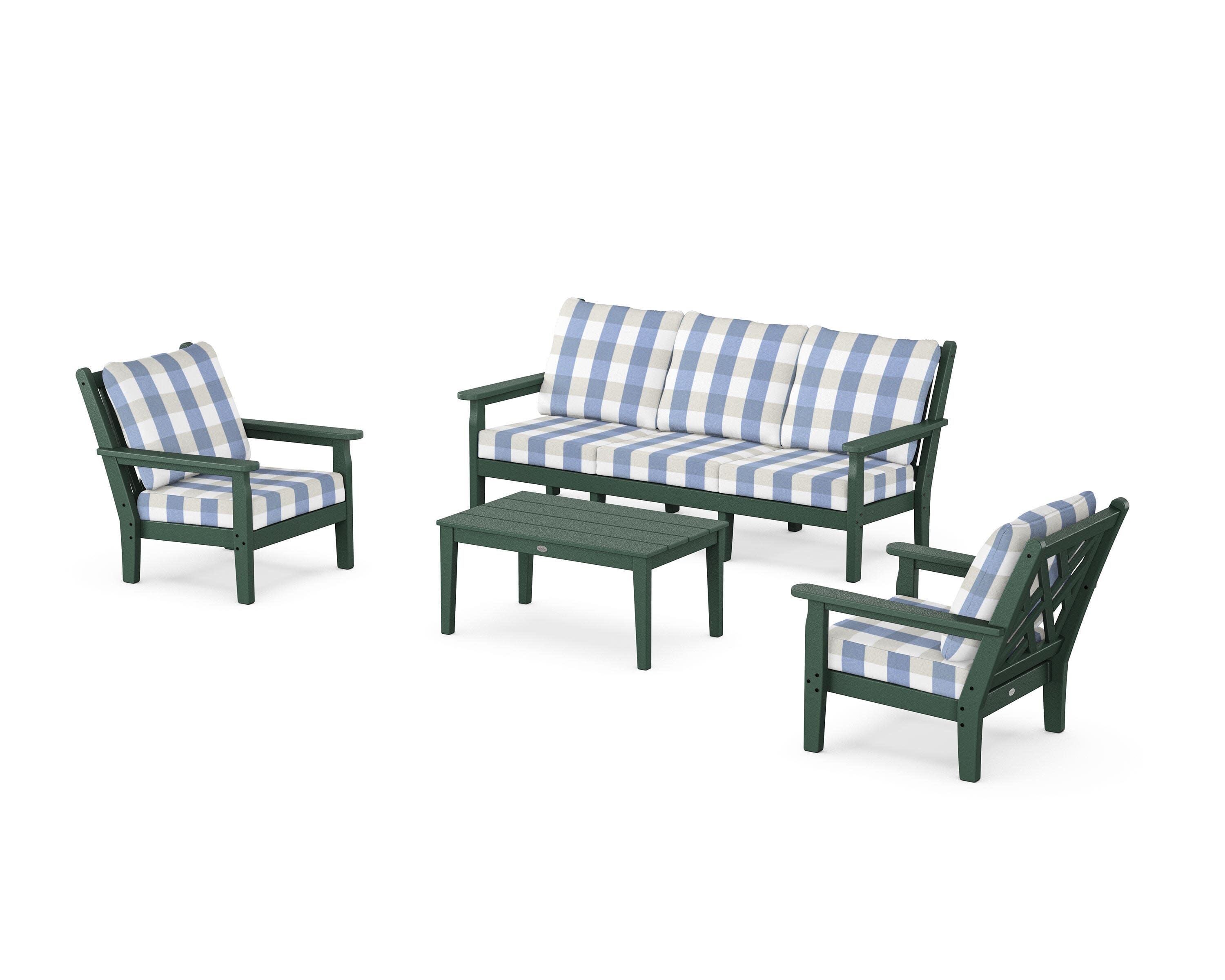 Chippendale 4-Piece Deep Seating Set with Sofa in Green / Buffalo Plaid Sky Blue