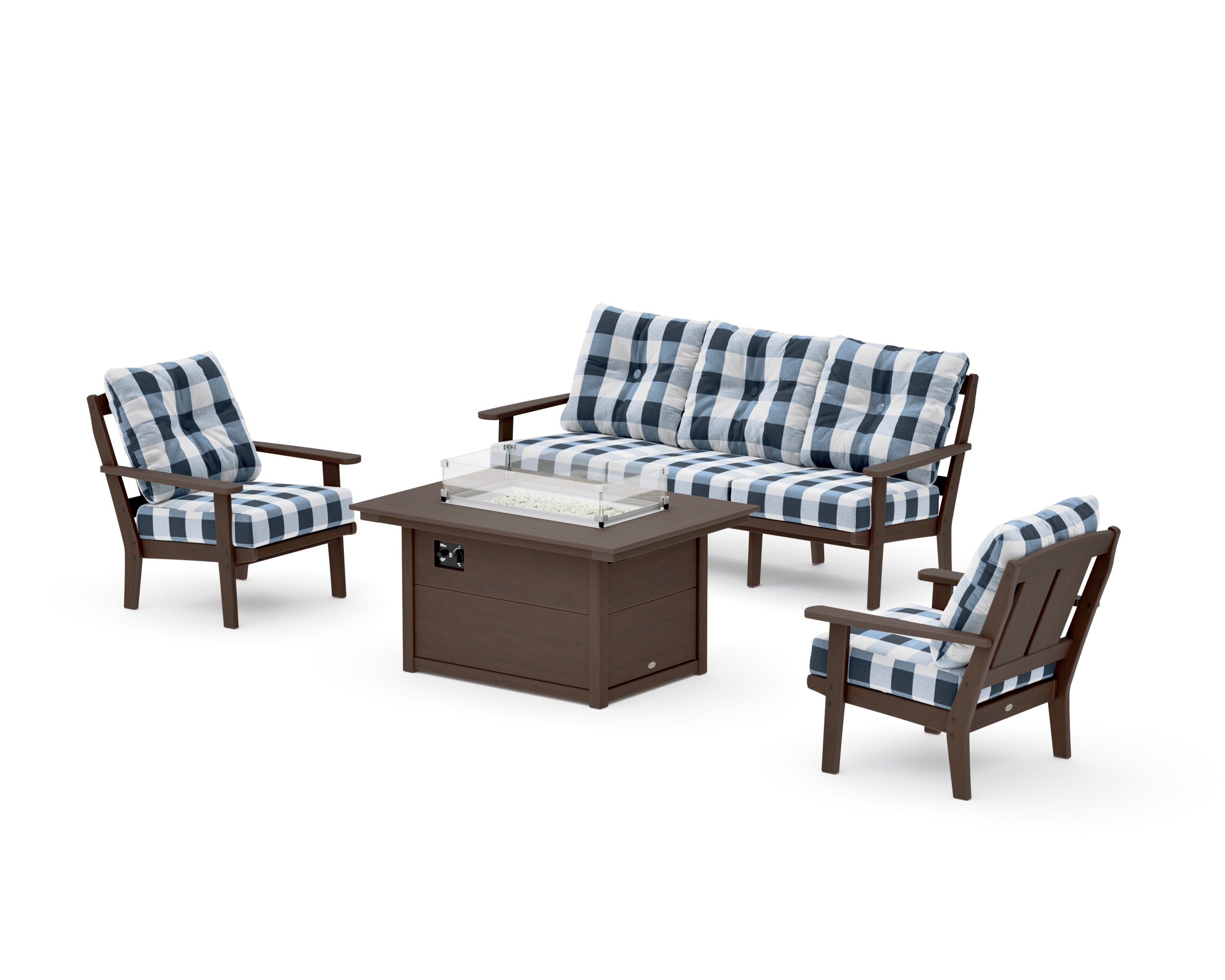 Mission Deep Seating Fire Pit Table Set in Kona / Buffalo Plaid Marine Indigo