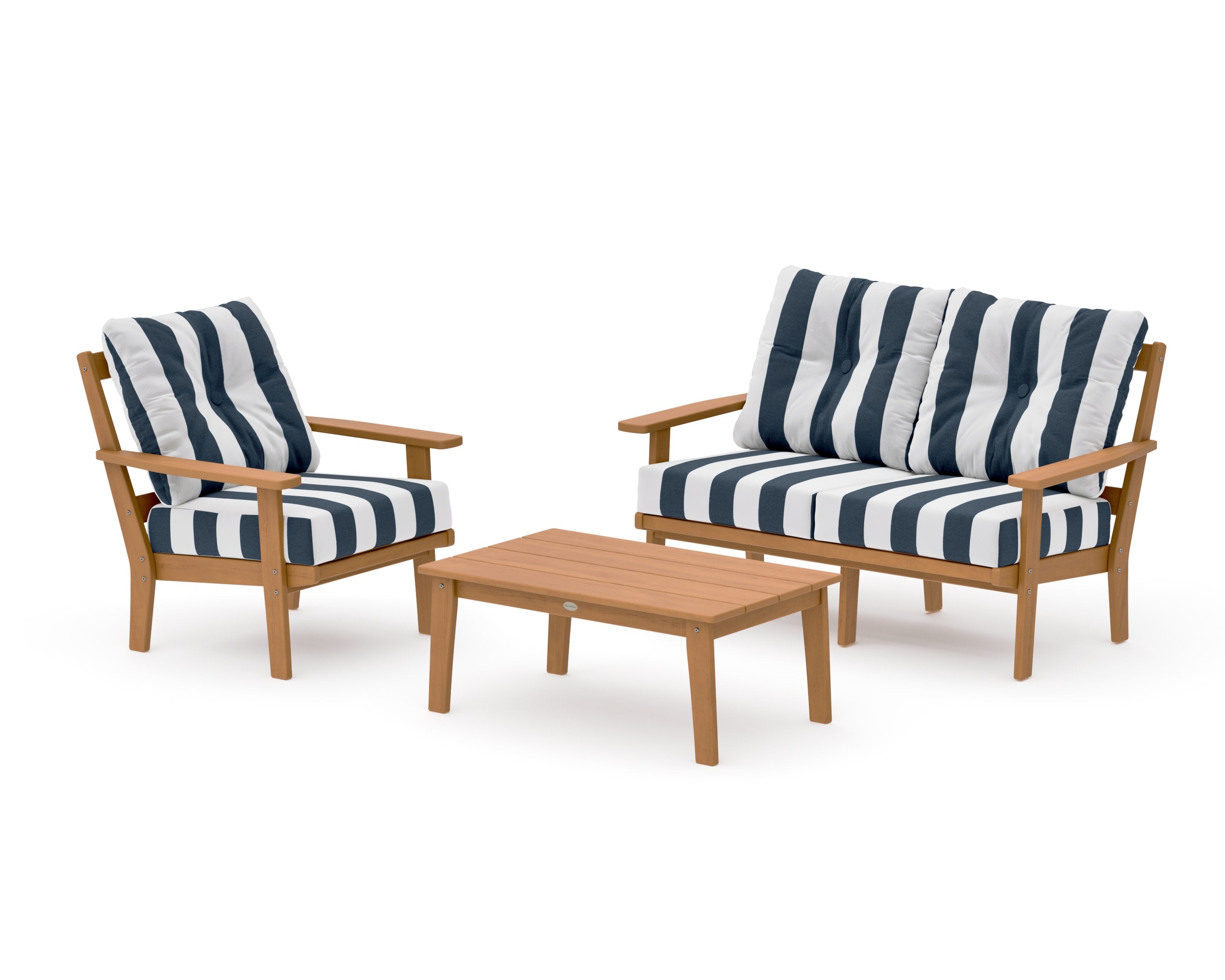 Prairie 3-Piece Deep Seating Set with Loveseat in Natural / Cabana Stripe Marine Indigo