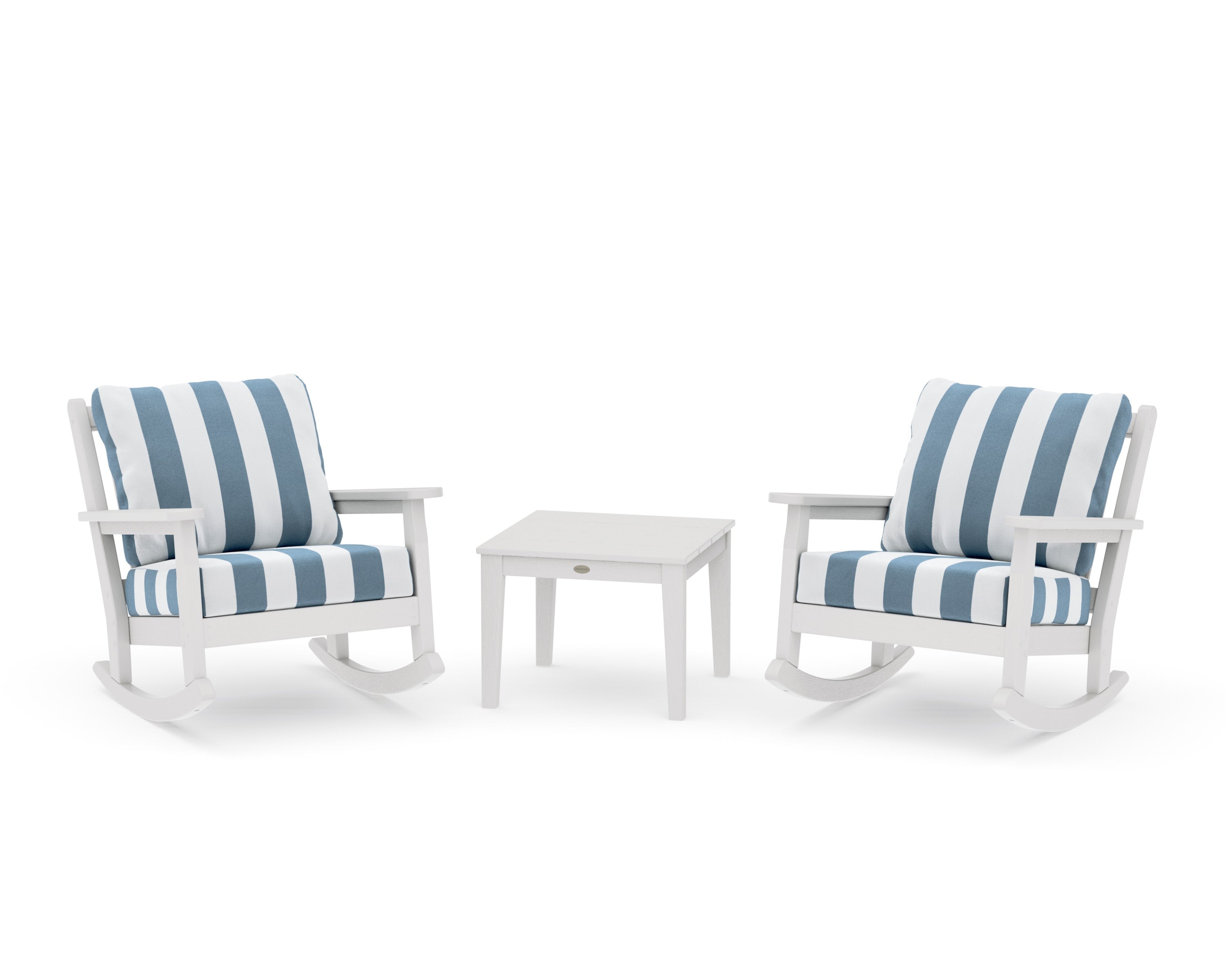 Chippendale 3-Piece Deep Seating Rocker Set in Vintage White / Cabana Stripe Sky Blue