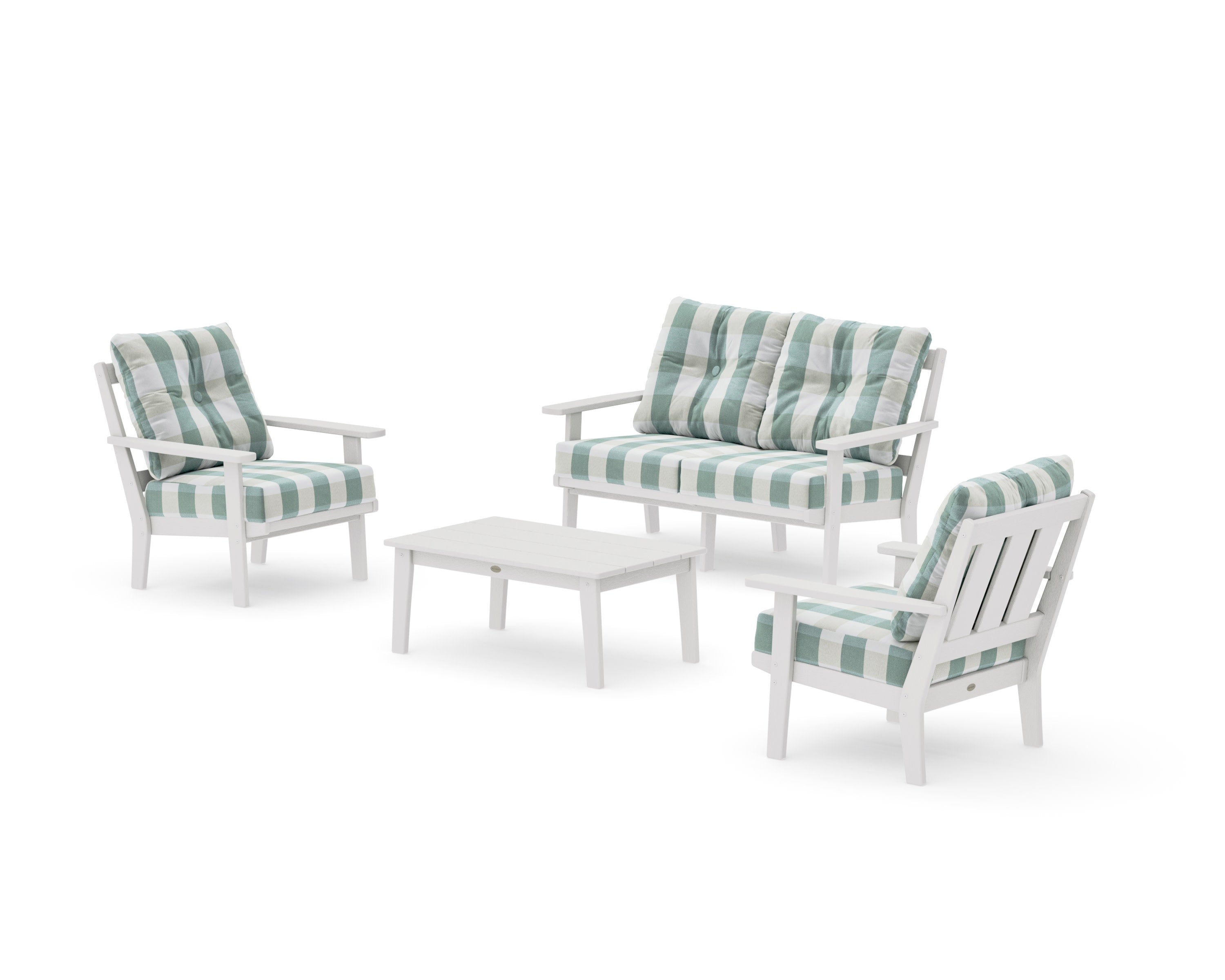 Oxford 4-Piece Deep Seating Set with Loveseat in Vintage White / Buffalo Plaid Glacier Spa
