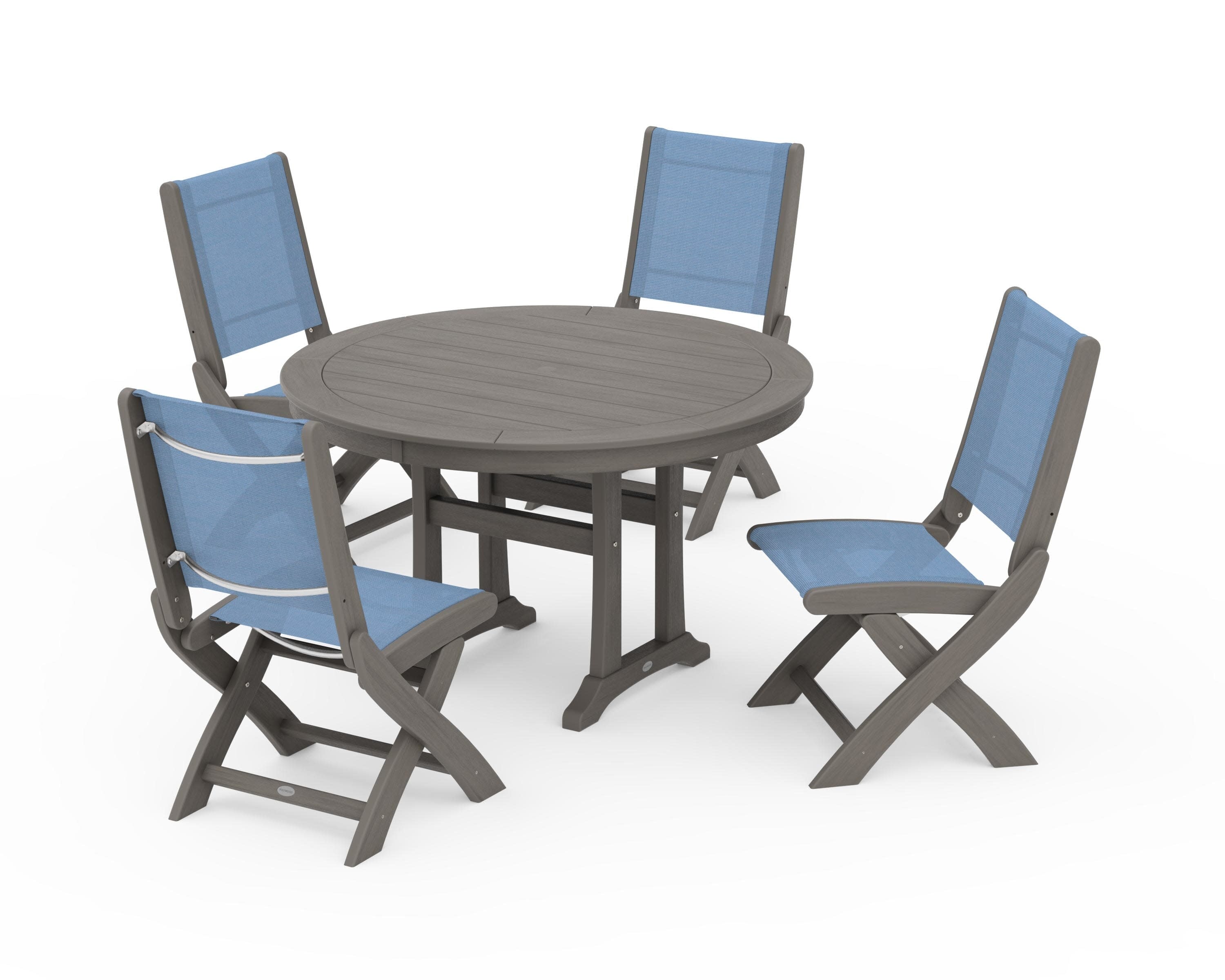 Coastal Folding Side Chair 5-Piece Round Dining Set With Trestle Legs in Driftwood / Poolside Sling