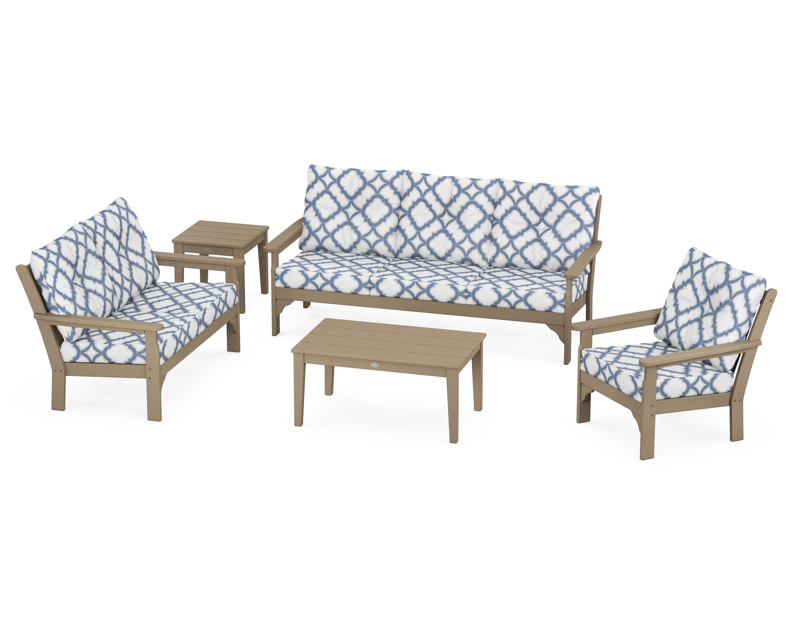 Vineyard 5 Piece Deep Seating Set in Vintage Sahara / Trellis Sky Blue