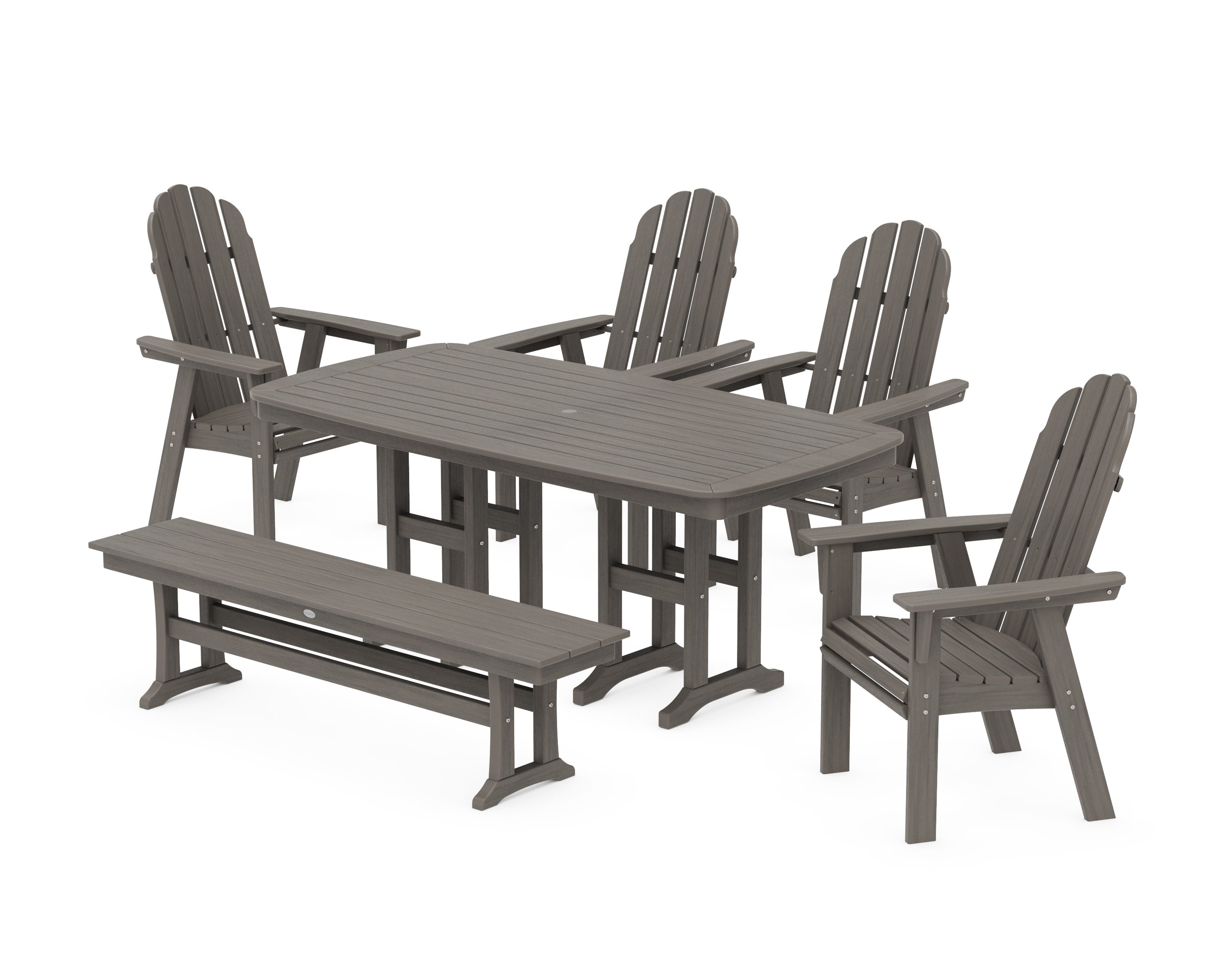 Vineyard Curveback Adirondack Chair 6-Piece Dining Set with Bench in Driftwood