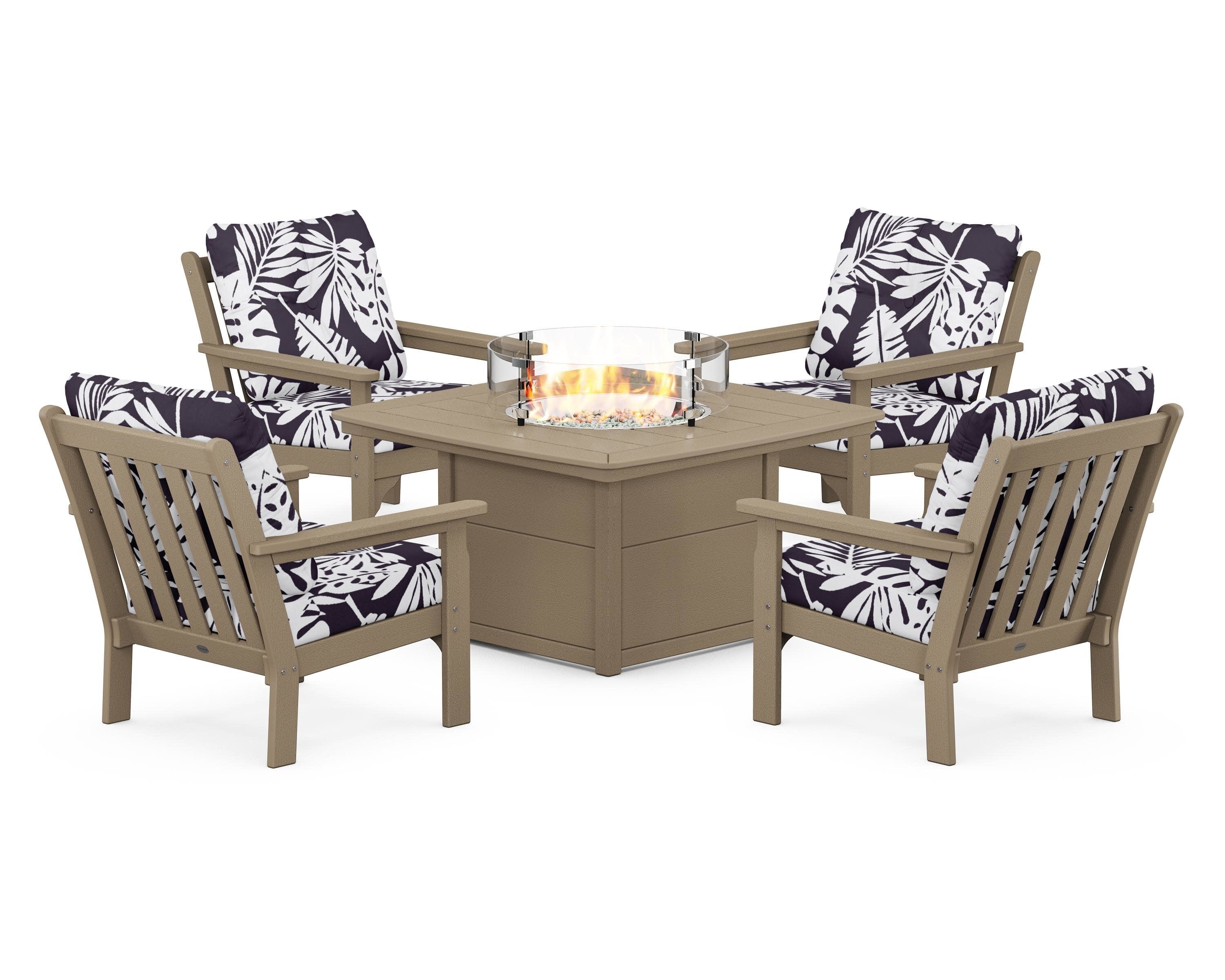 Vineyard 5-Piece Conversation Set with Fire Pit Table in Vintage Sahara / Leaf Navy