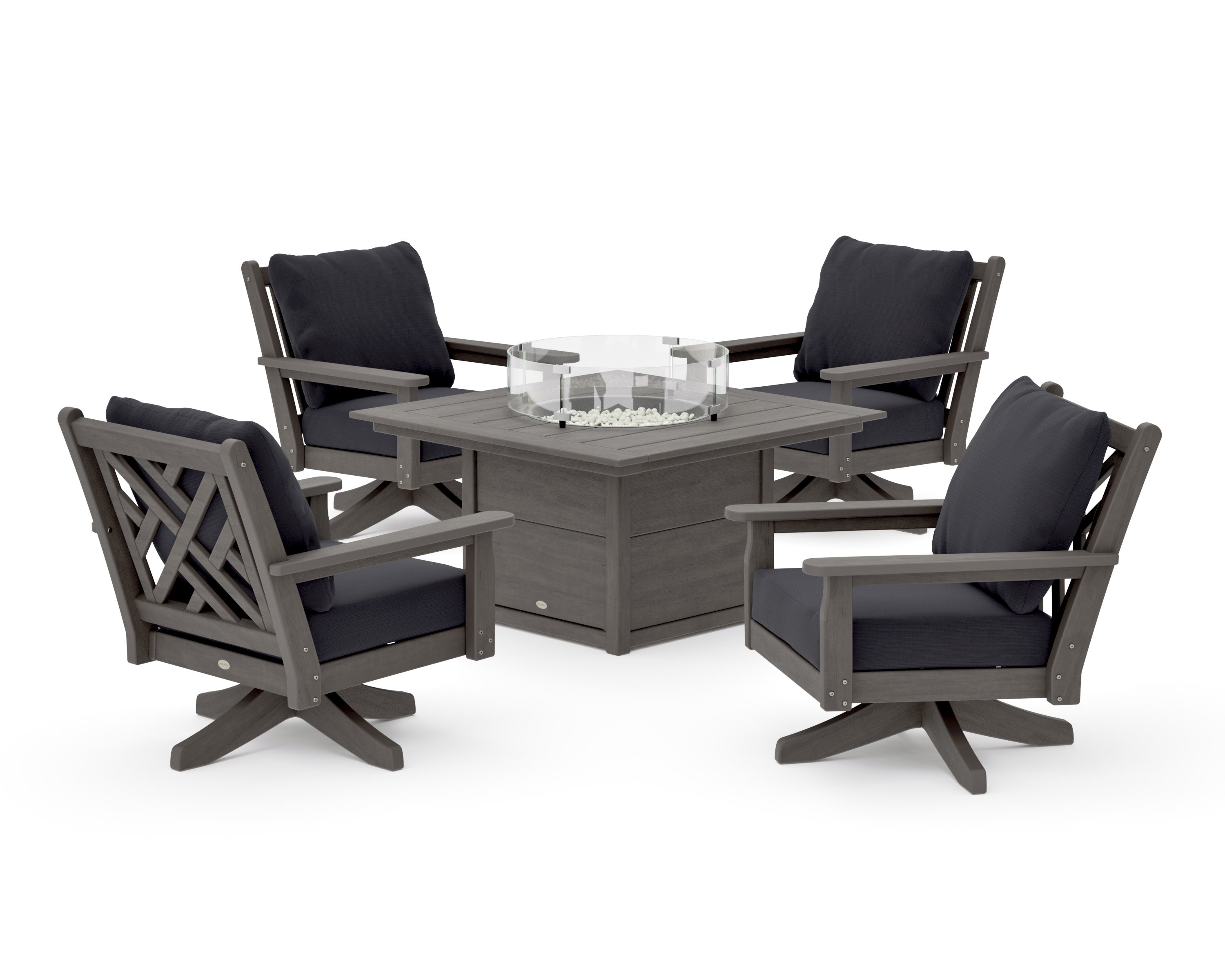 Chippendale 5-Piece Deep Seating Swivel Conversation Set with Fire Pit Table in Driftwood / Midnight Linen